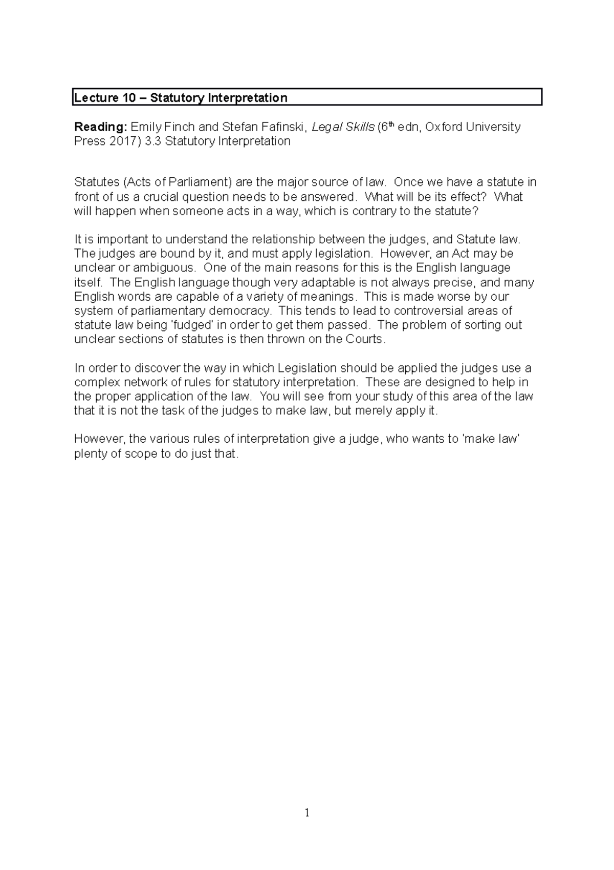 Lecture 10 notes - statutory interpretation - Lecture 10 – Statutory ...