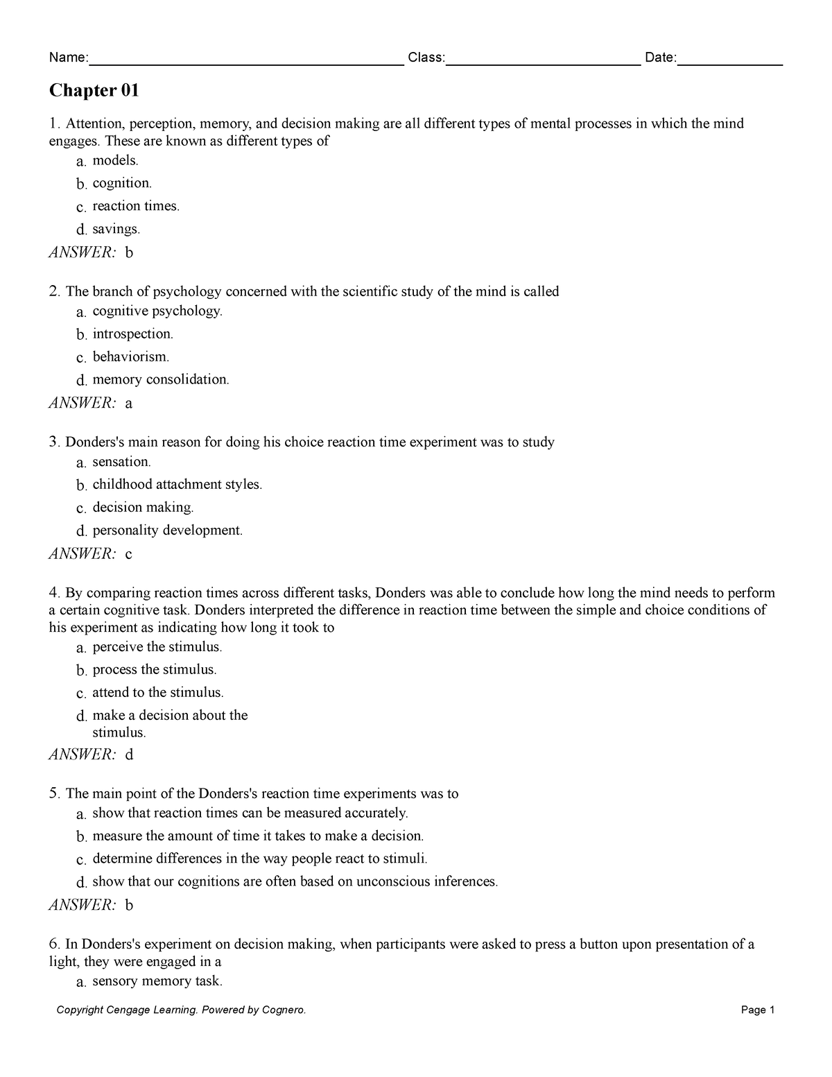 Chapter 01 - Test Bank - Chapter 01 1. Attention, Perception, Memory ...