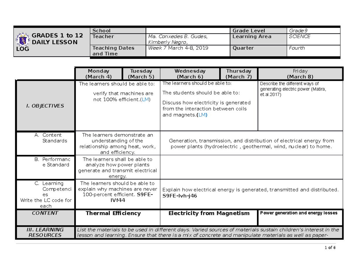 Dll - .qqjj - Grades 1 To 12 Daily Lesson Log School Grade Level Grade 