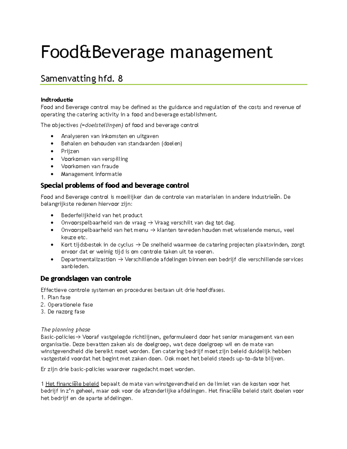 F&B Samenvatting H8 - Food&Beverage Management Samenvatting Hfd. 8 ...