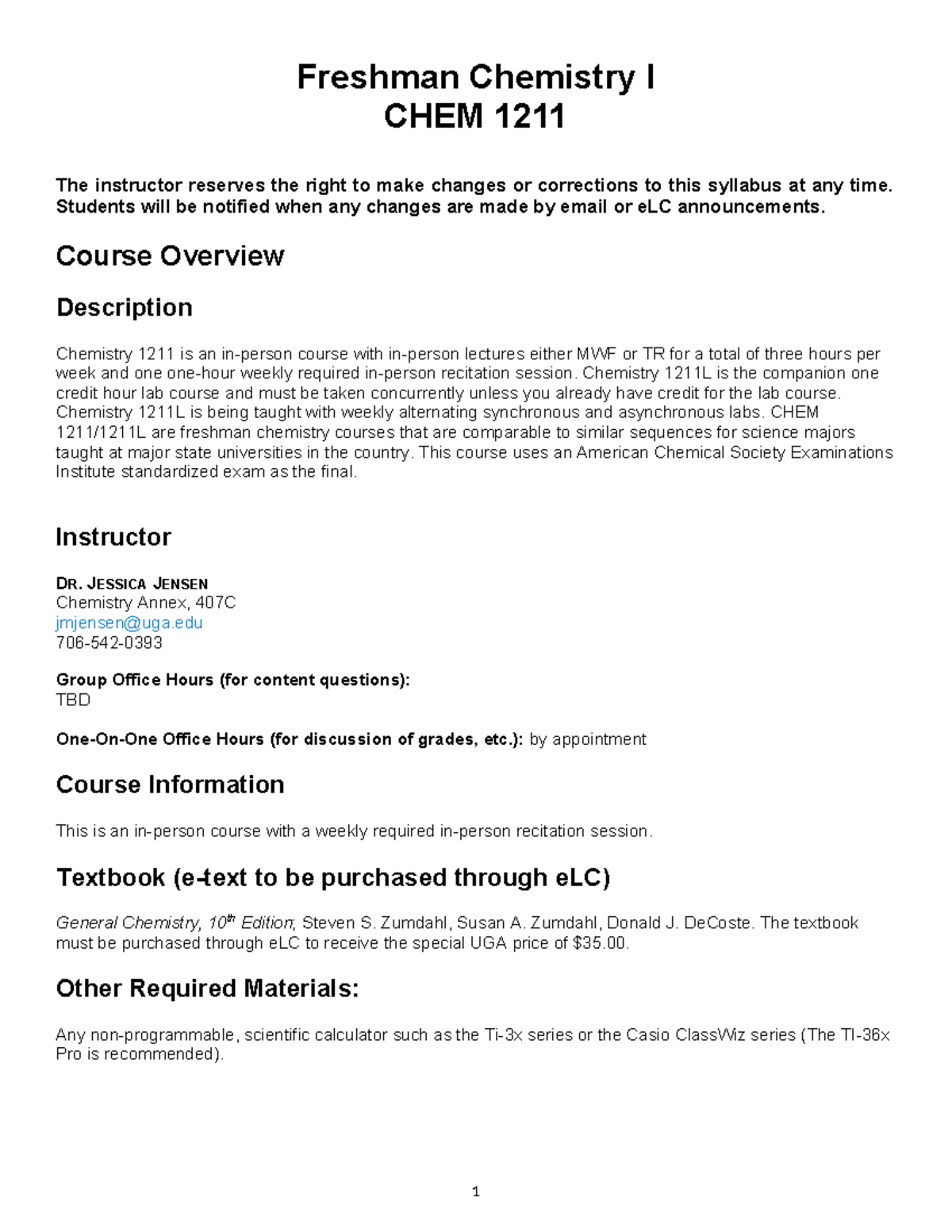 Chem 1211 Syllabus Spring 2022 - Freshman Chemistry I CHEM 1211 The ...