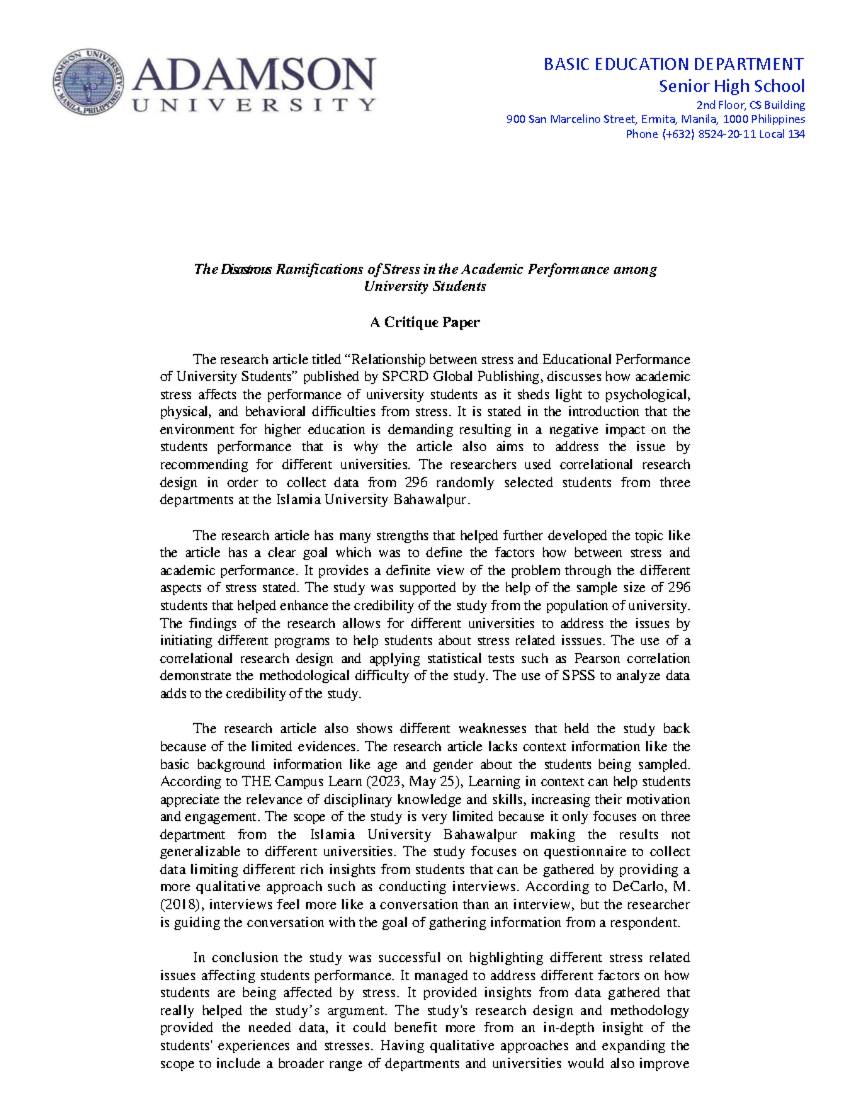 Critique Paper 0 - BASIC EDUCATION DEPARTMENT Senior High School 2nd ...