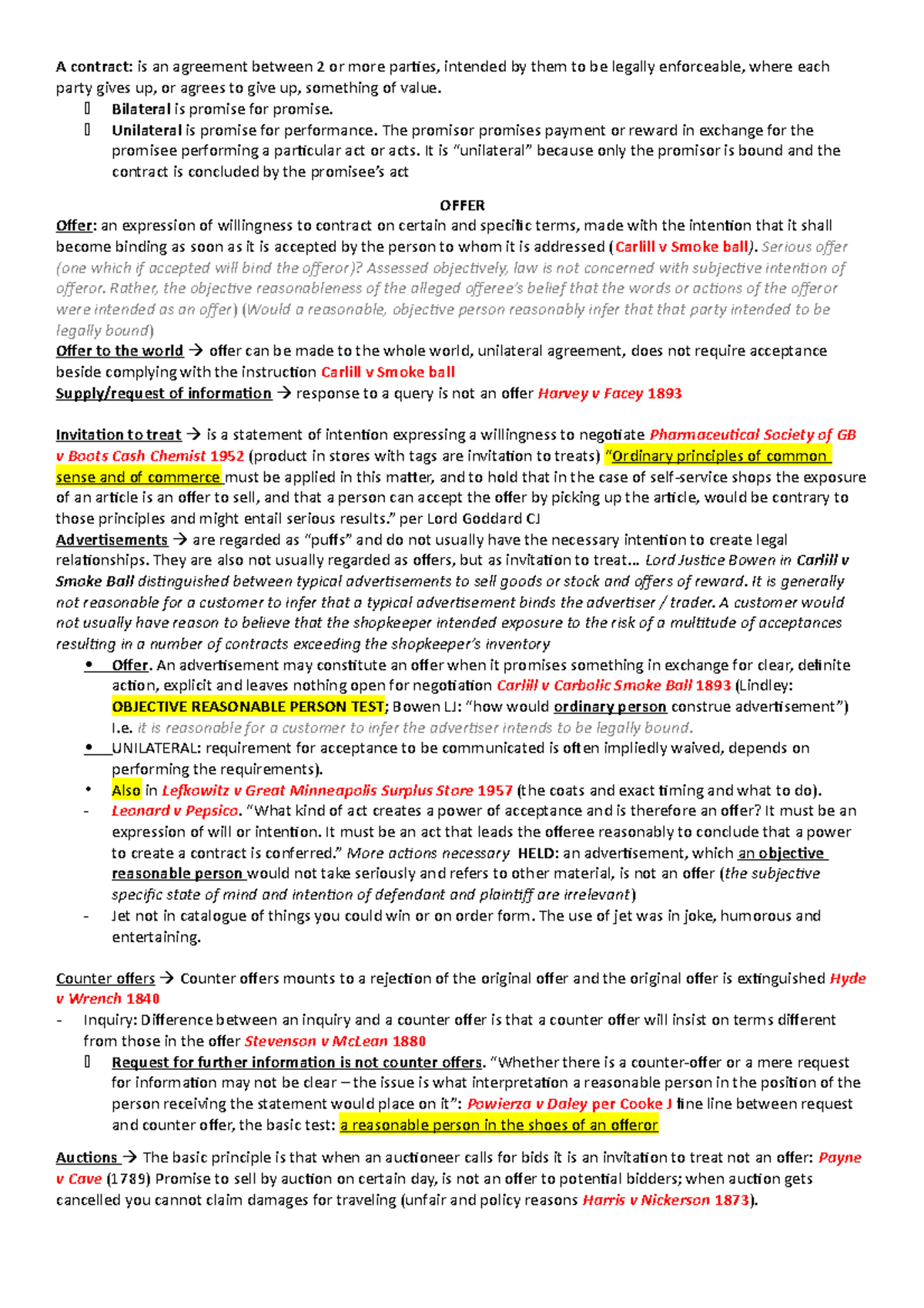 Contract exam notes - A contract: is an agreement between 2 or more ...