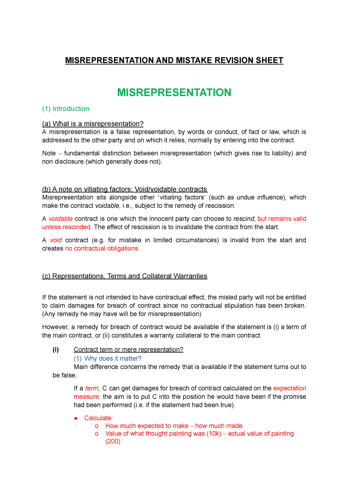 Misrepresentation AND Mistake Revision Sheet - MISREPRESENTATION AND ...