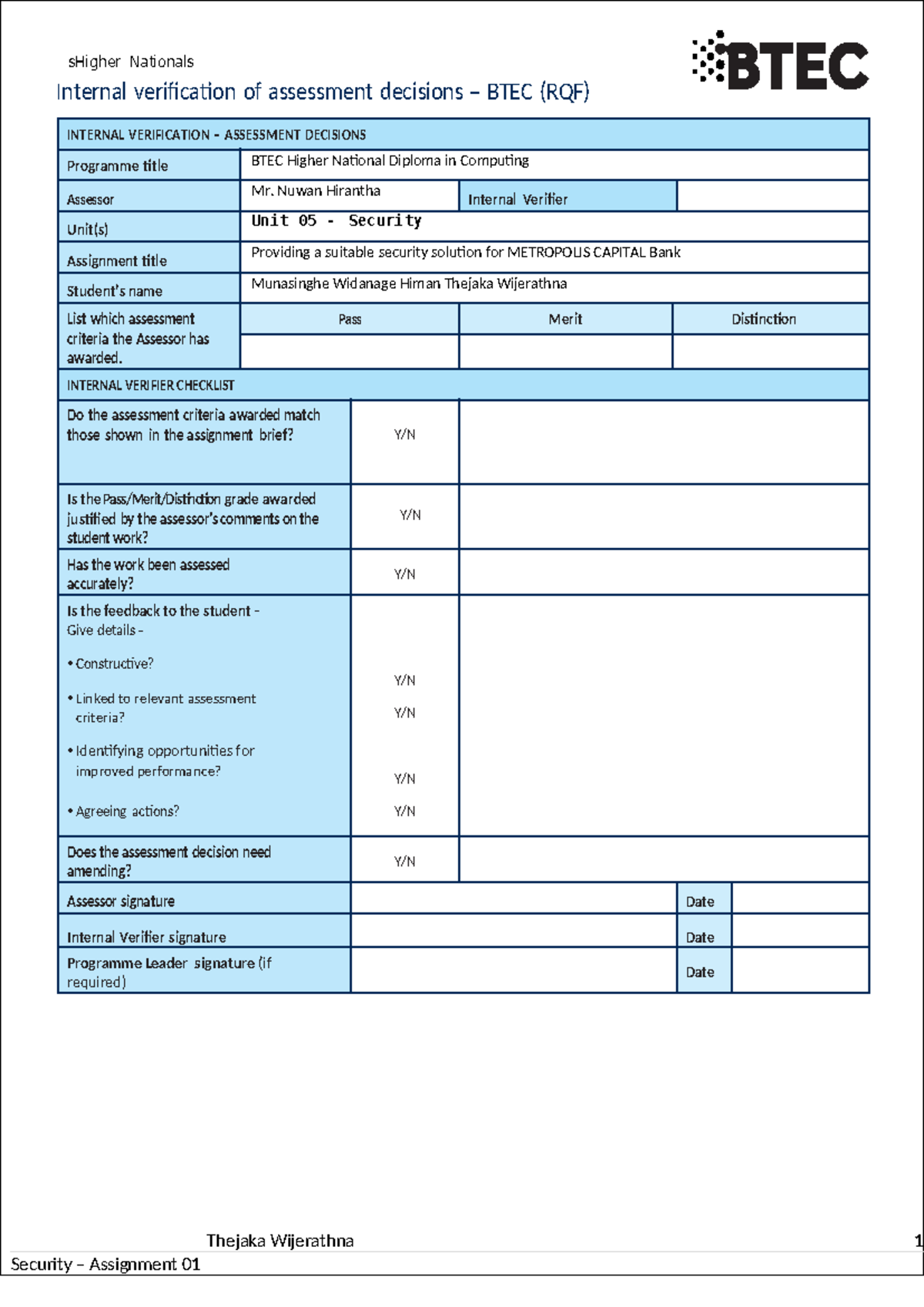 Unit 05 - Security Assignment - sHigher Nationals Internal verification ...
