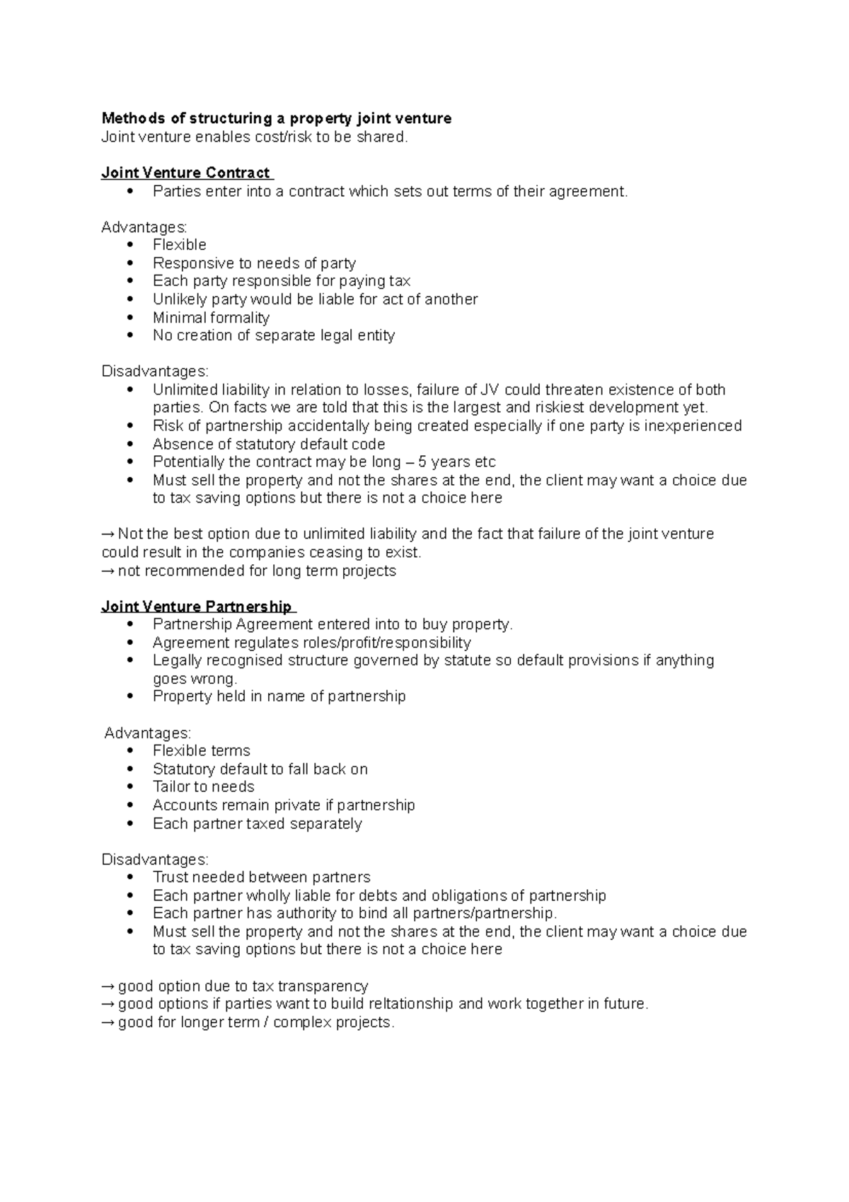 Methods of structuring a property joint venture - Joint Venture ...