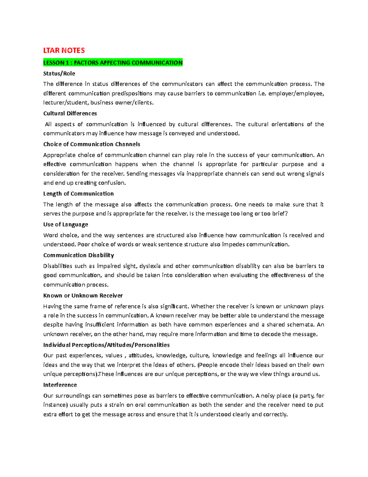 LTAR Notes - N/A - LTAR NOTES LESSON 1 : FACTORS AFFECTING ...