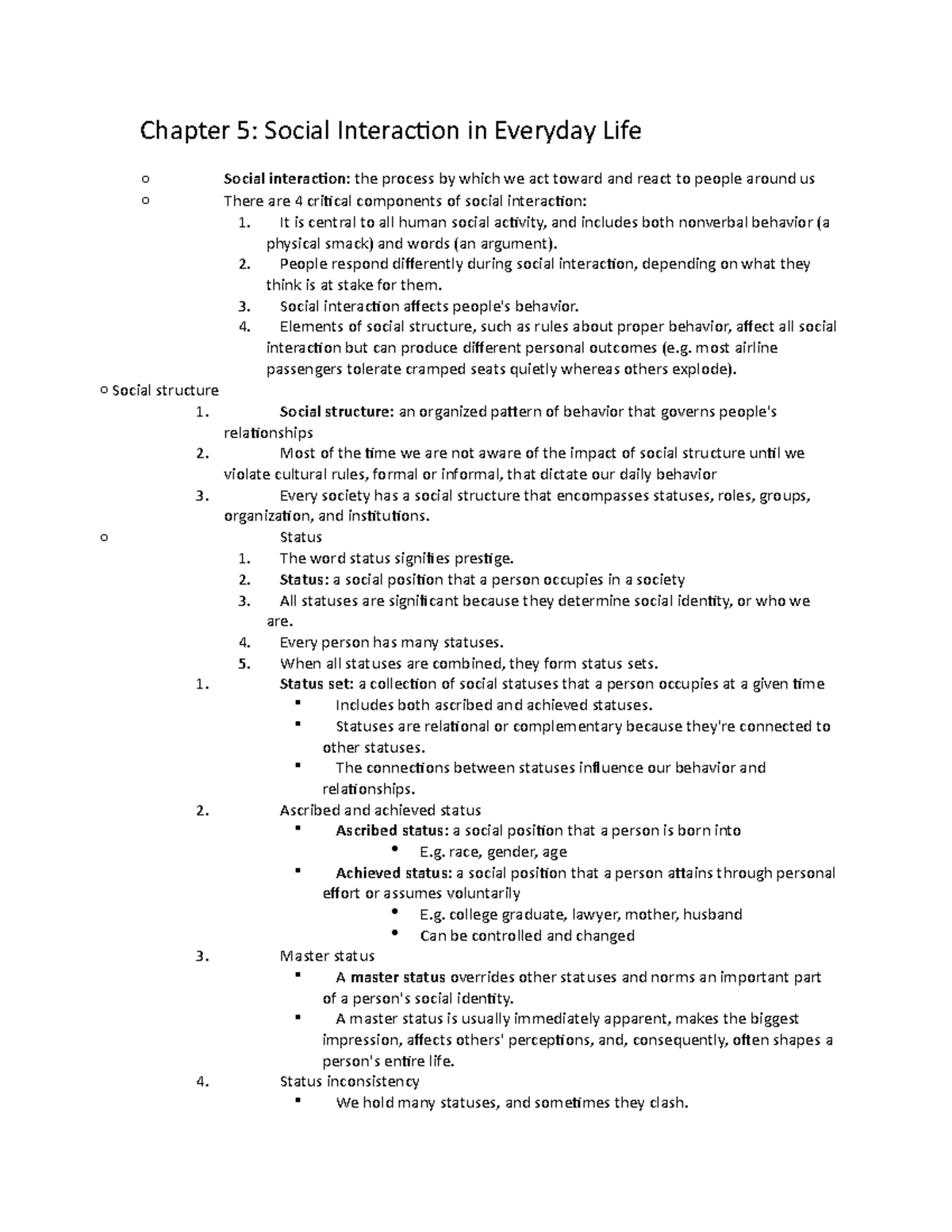 Principles of Sociology Chapter 5 Notes - Chapter 5: Social Interaction ...