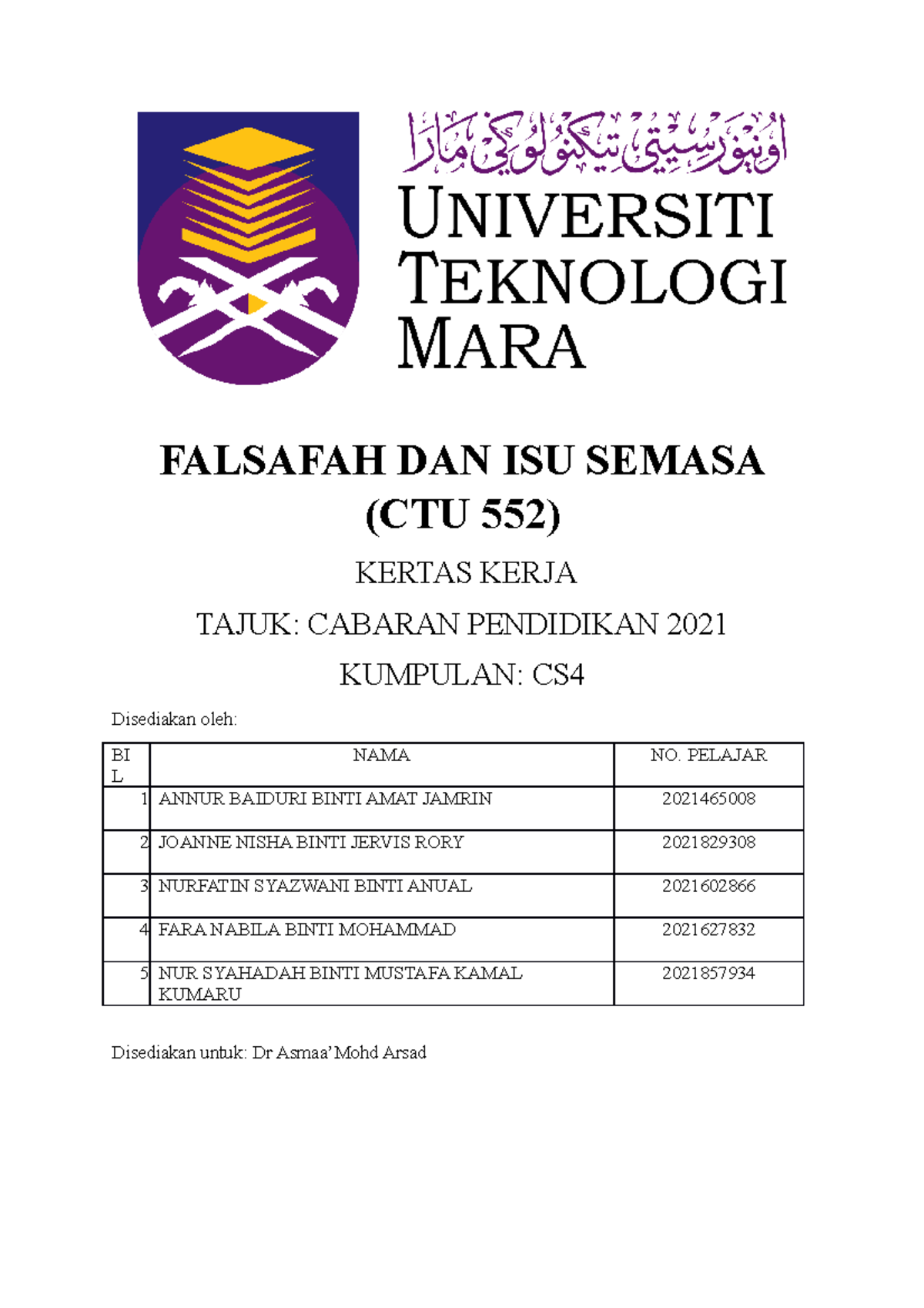 GROUP ASSIGNMENT CTU551 UNIVERSITY TECHNOLOGY MARA - FALSAFAH DAN ISU ...