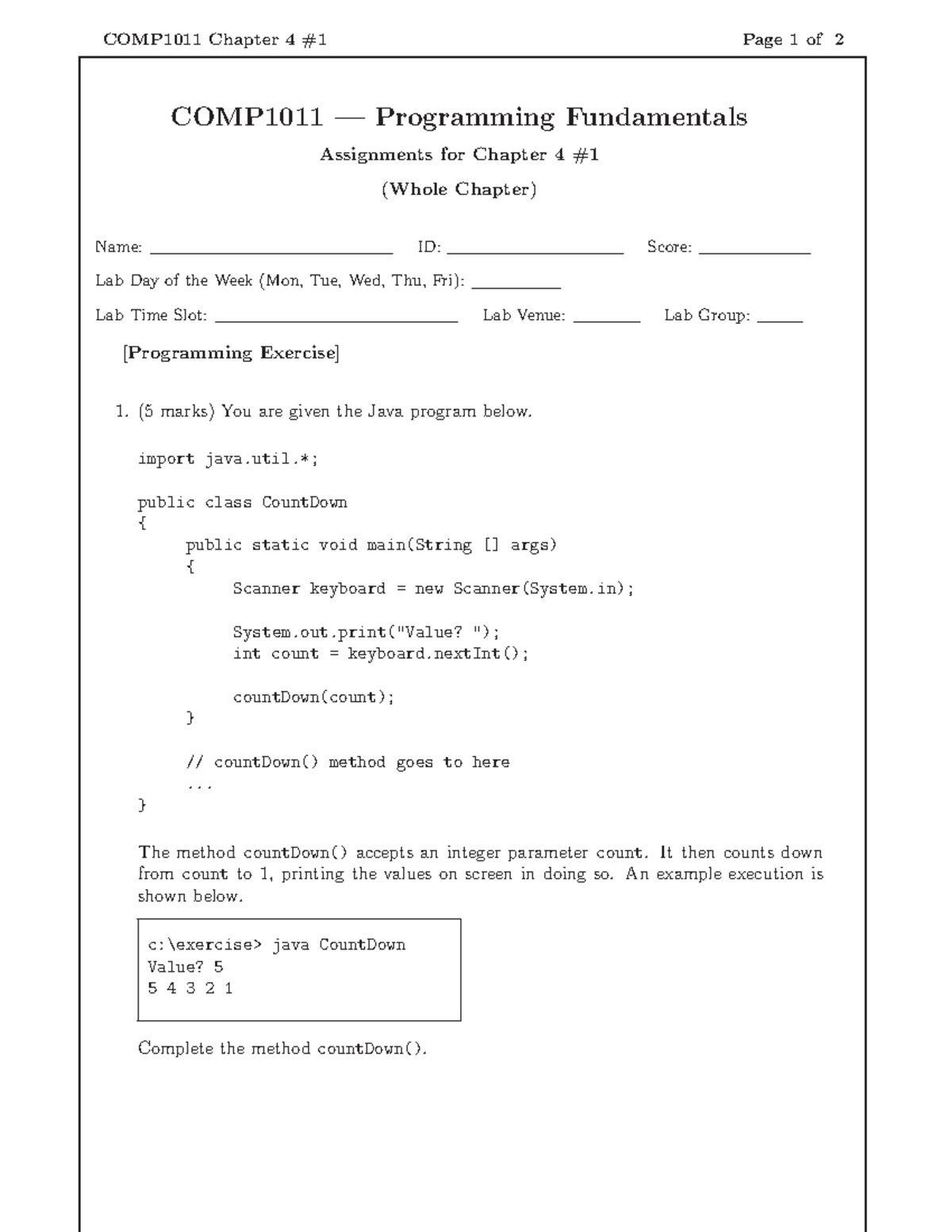 Programming Exercise 4 1 Comp1011 Chapter Page Of Comp1011 Programming Fundamentals Assignments For Chapter Whole Chapter Name Id Score Lab Day Of The Week Mon Studocu