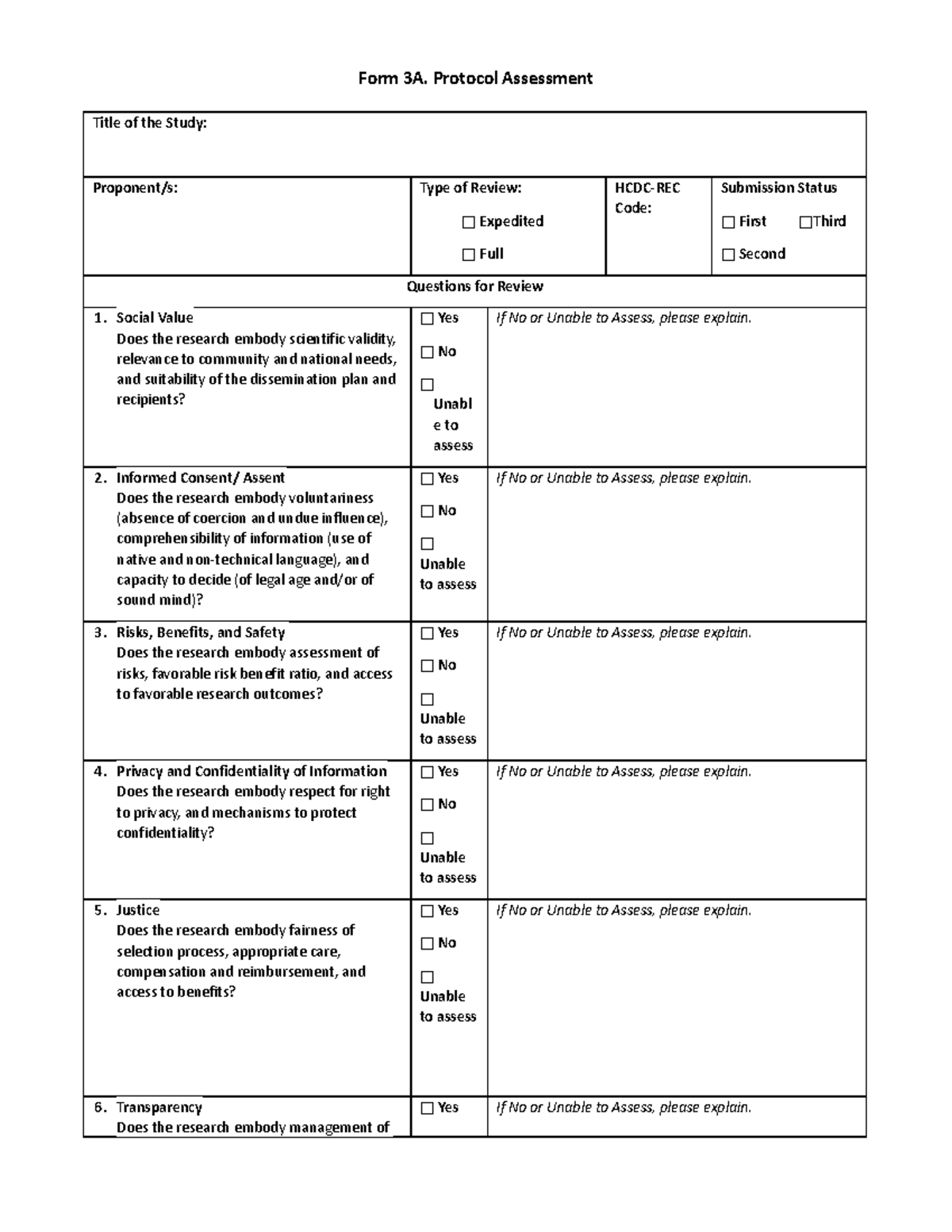 Form 3A Protocol Assessment - Form 3A. Protocol Assessment Title of the ...