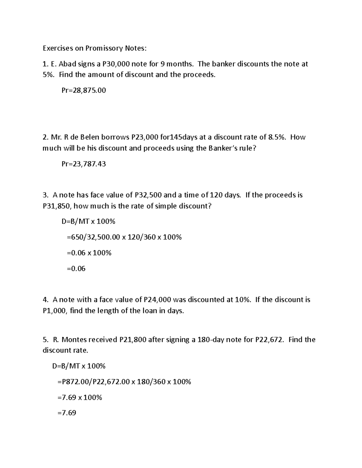 Exercises on Promissory Notes - Abad signs a P30,000 note for 9 months ...
