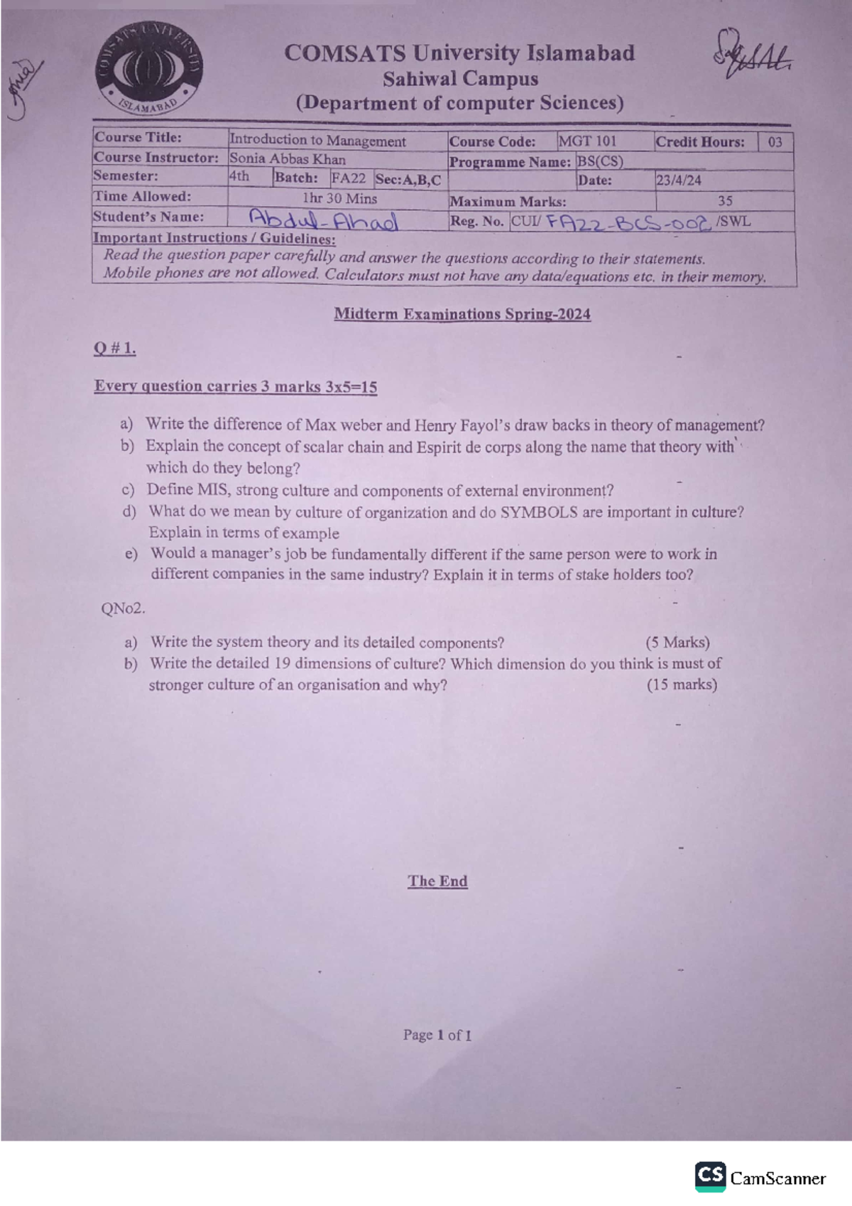ITM - Mid Term - MGT101 - 2024 - DEPARTMENT COMSATS University ...
