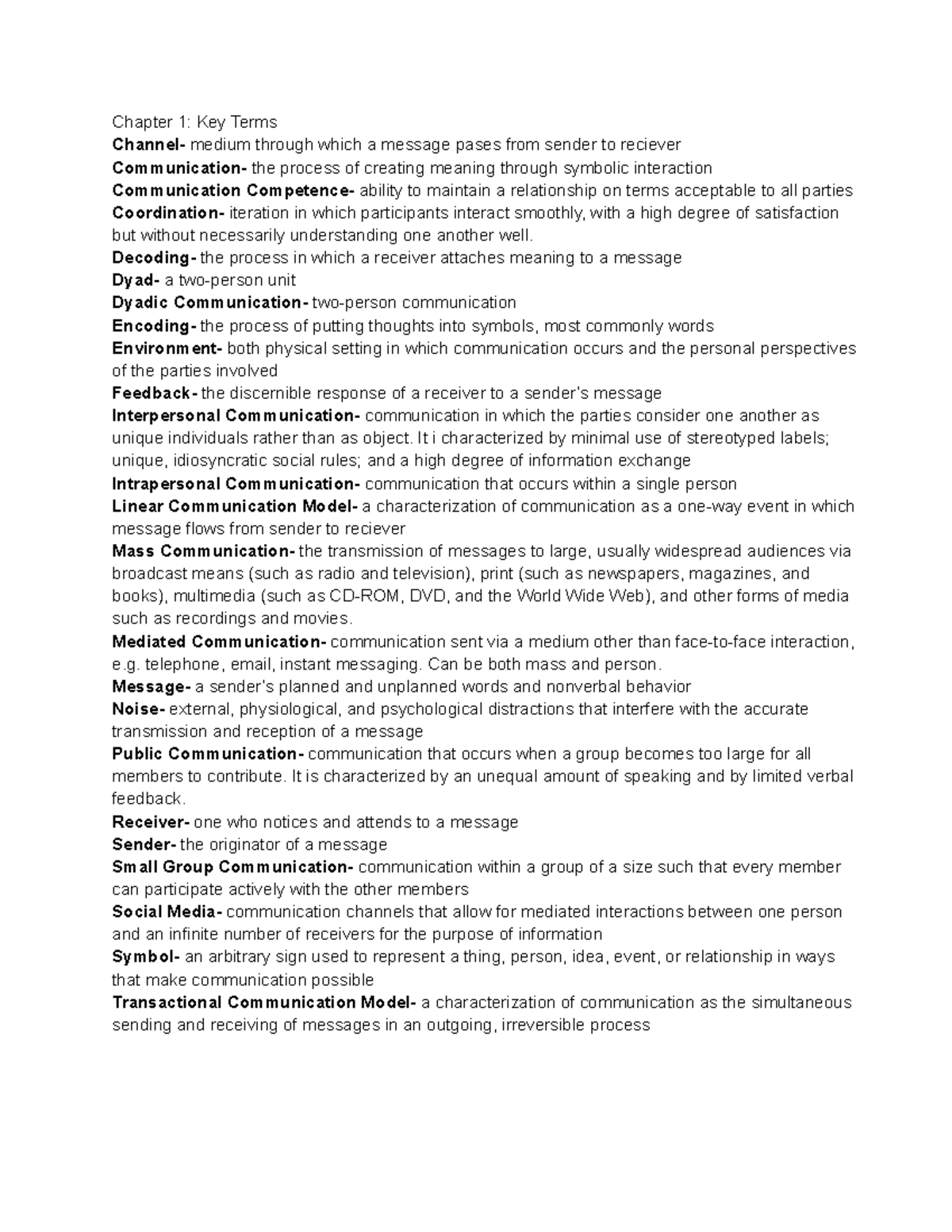 COMM 1700 - Chapter 1 Key Terms - Chapter 1: Key Terms Channel- medium ...