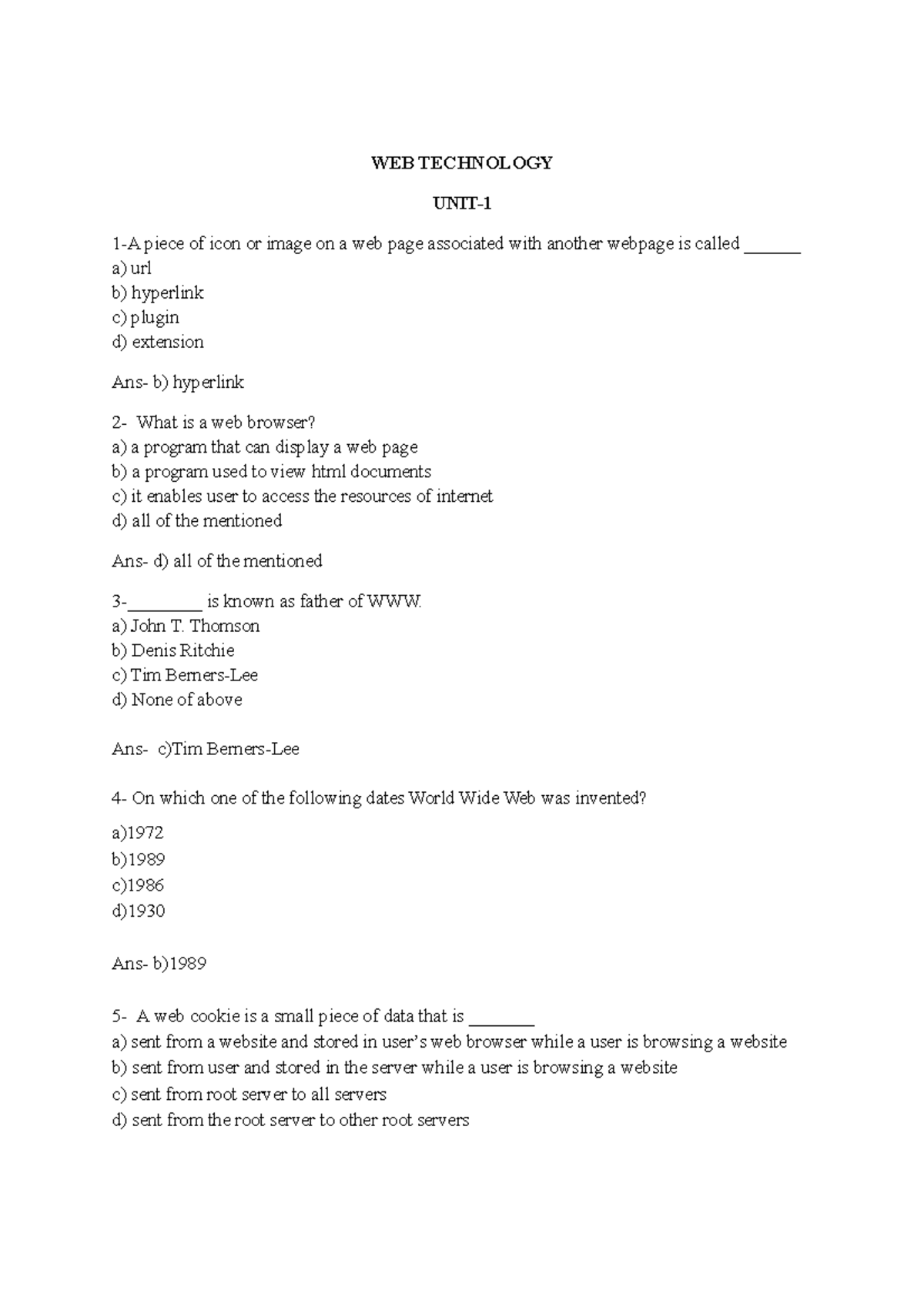 Unit-1 mcq Web Tech - mcqs - WEB TECHNOLOGY UNIT- 1-A piece of icon or ...