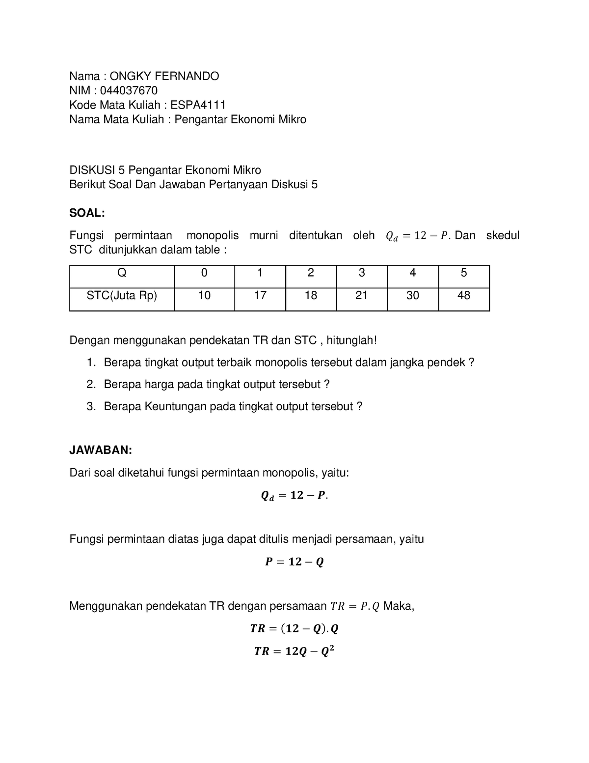 Diskusi 5 Pengantar Ekonomi Mikro - DISKUSI 5 Pengantar Ekonomi Mikro ...