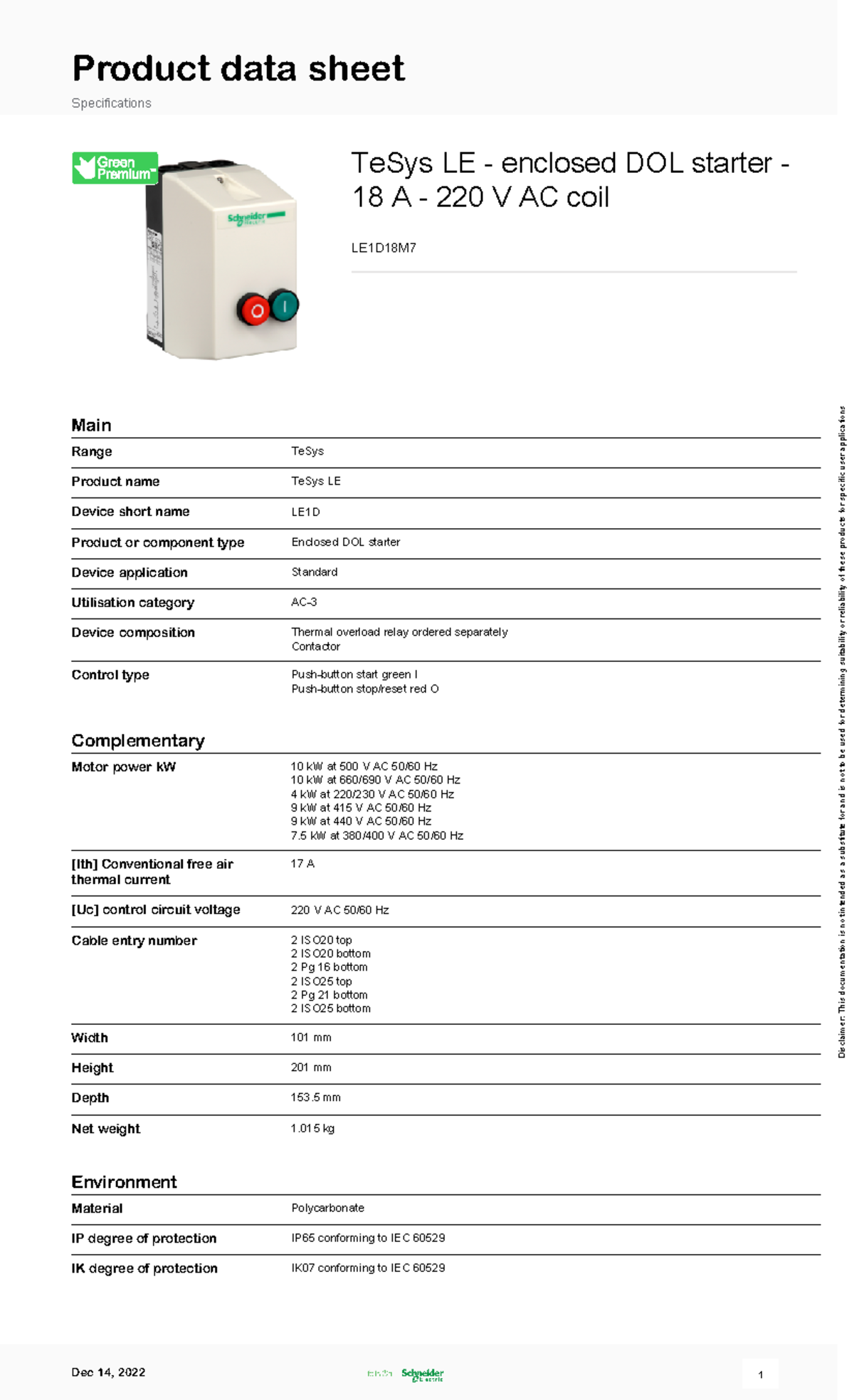 Te Sys LE LE1D18M7 - Contactores - Product data sheet Specifications ...