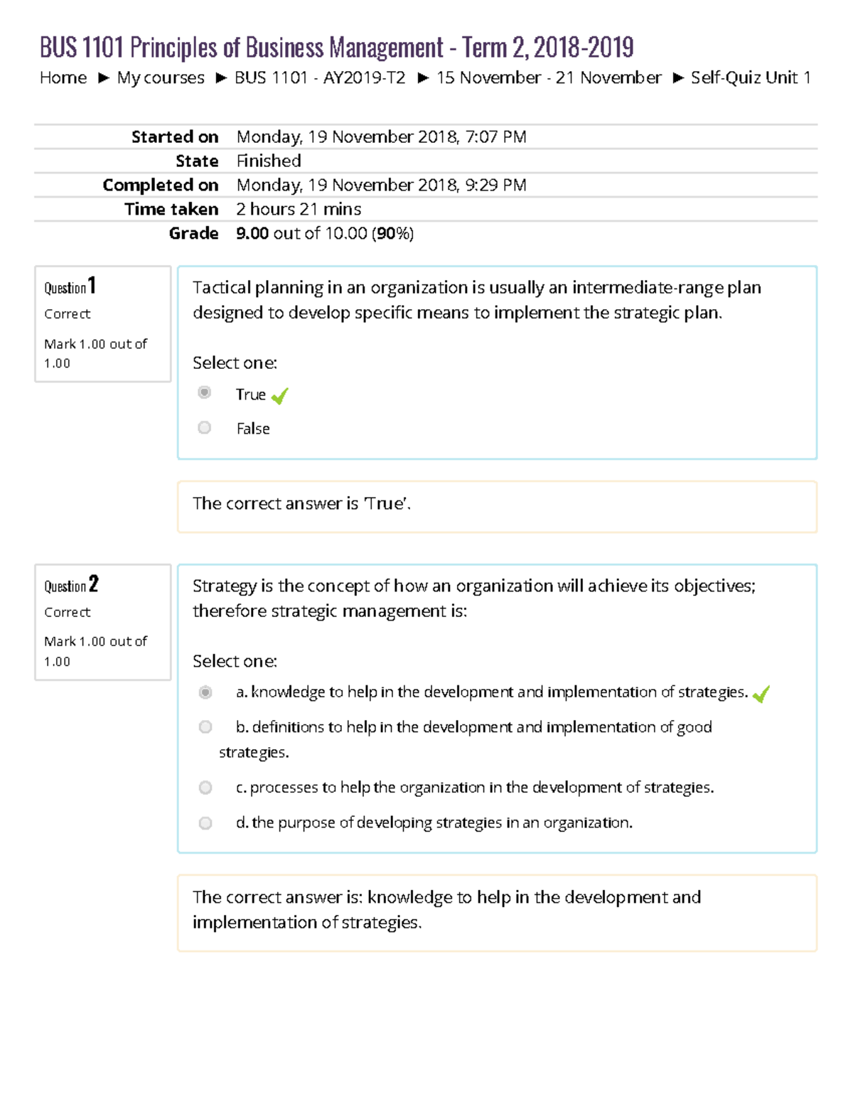 Self-Quiz Unit 1 - 9 out of 10 - Home My courses BUS 1101 - AY2019-T2 ...