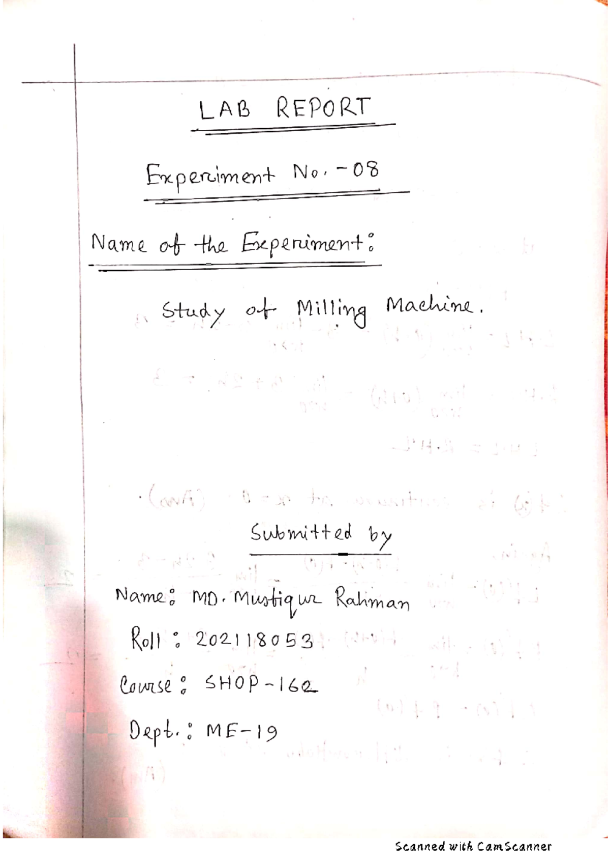 Study and operations of Milling machine lab report summarization which