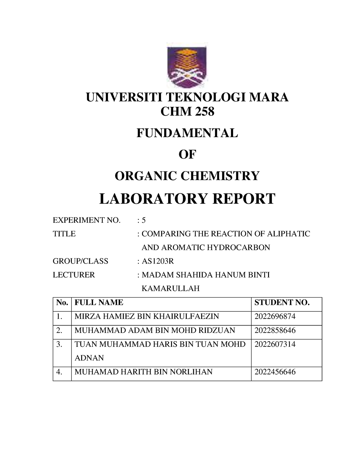 EXP 5 - Lab Report Chm256 Exp5 - UNIVERSITI TEKNOLOGI MARA CHM 25 8 ...