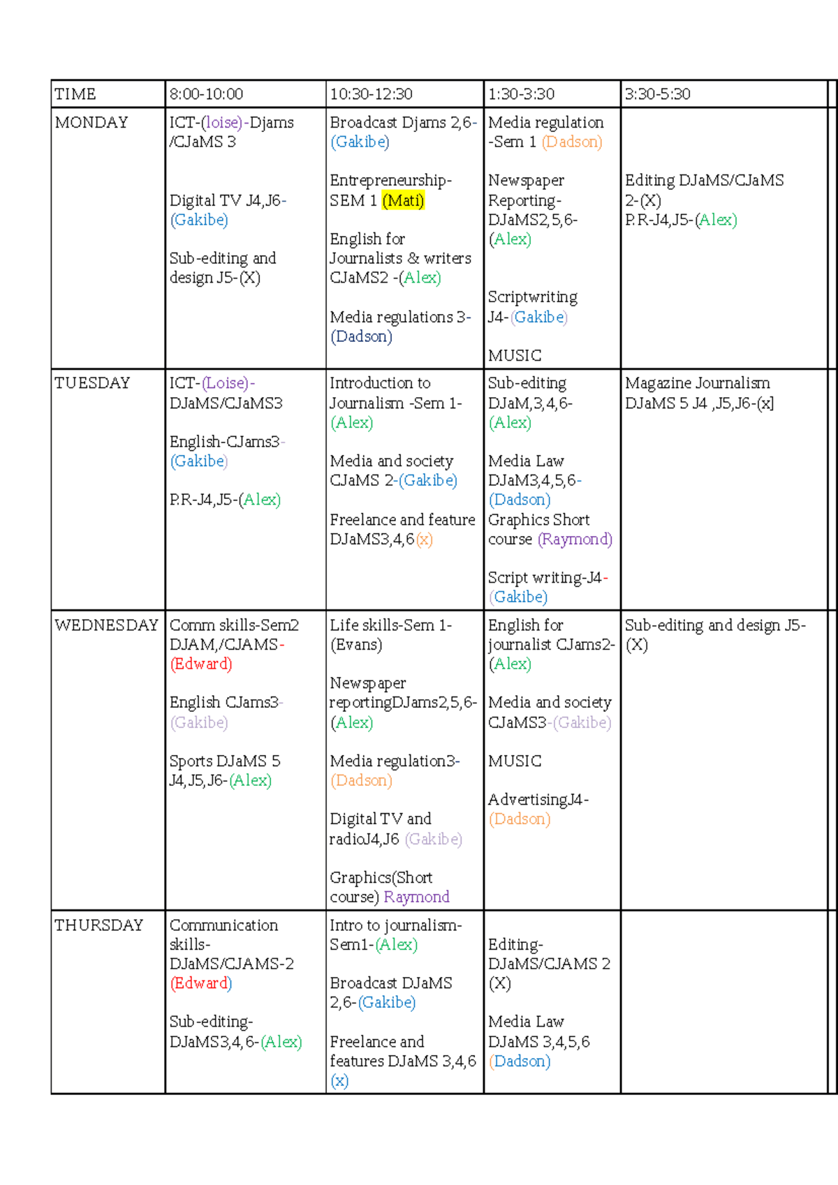 JMC TIME Table - FOR STUDENT - TIME 8:00-10:00 10:30-12:30 1:30-3:30 3: ...