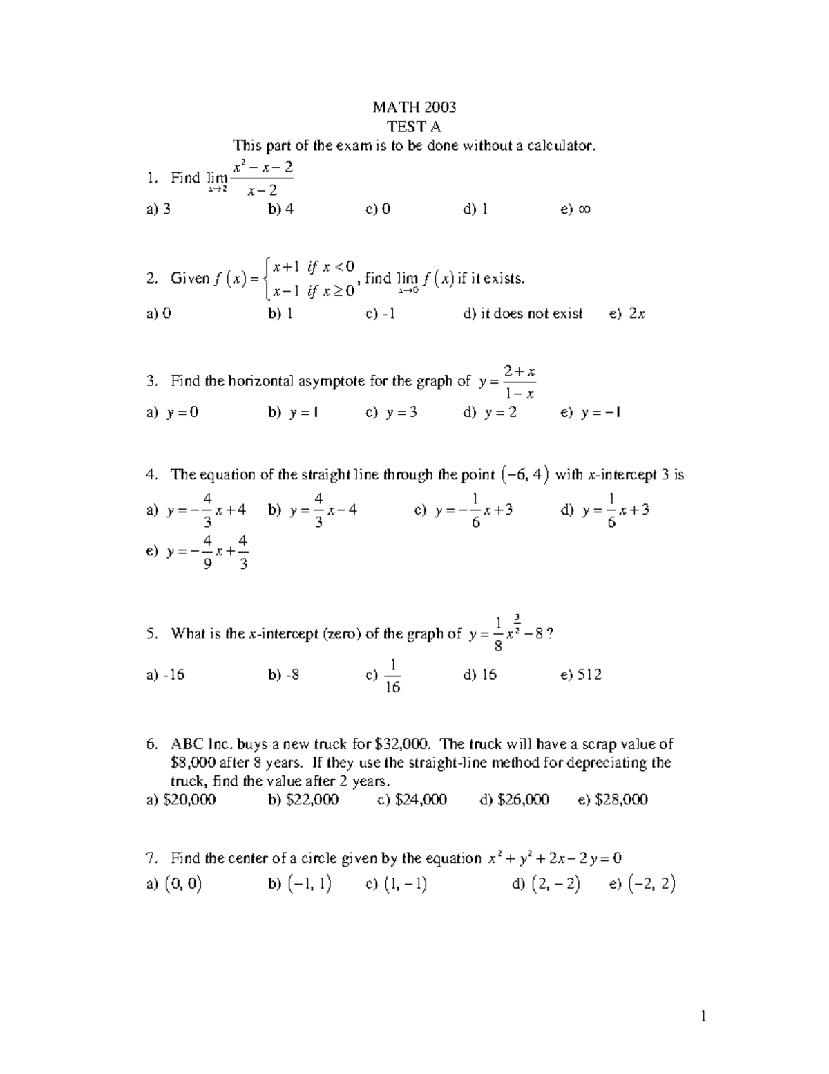 2003 TEST A - Final exam samples - MATH 2003 TEST A This part of the ...