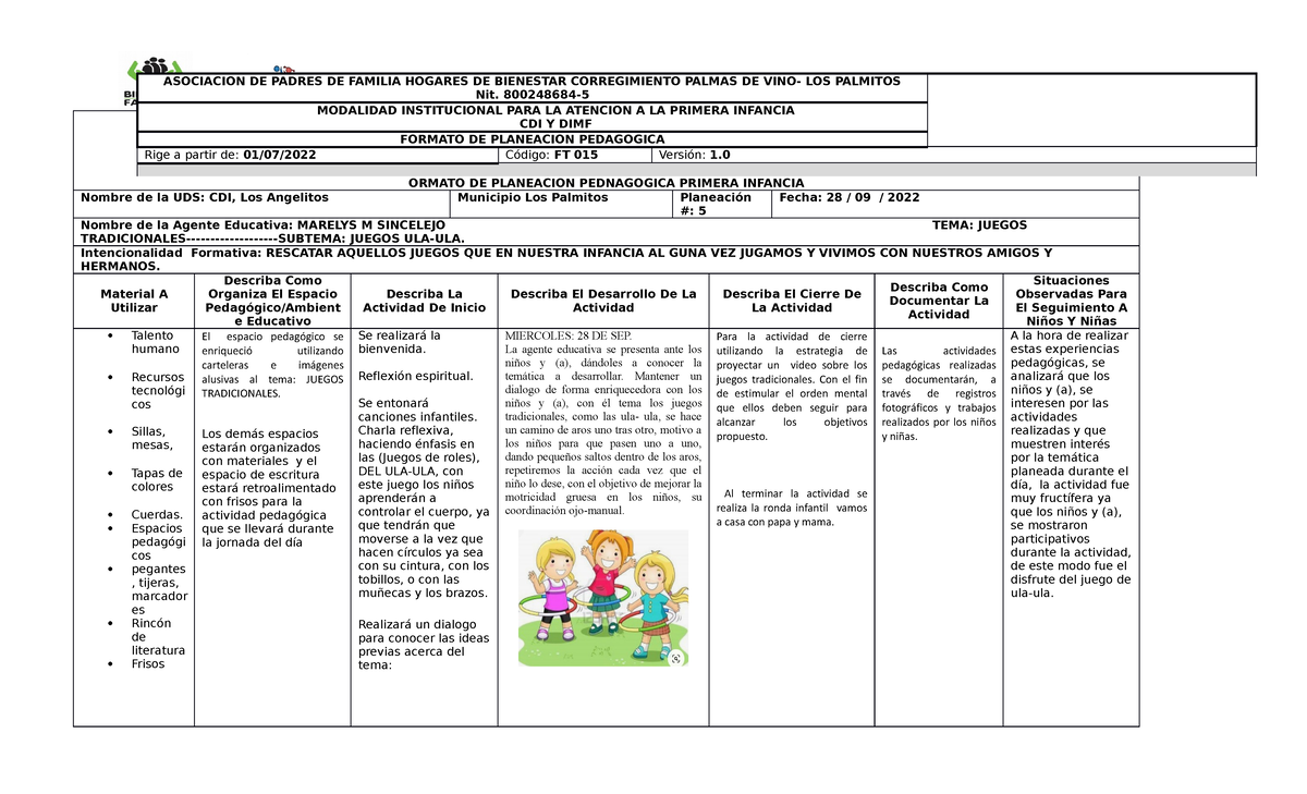Formato DE Planeacion tema. juegos tradicionales - ORMATO DE PLANEACION