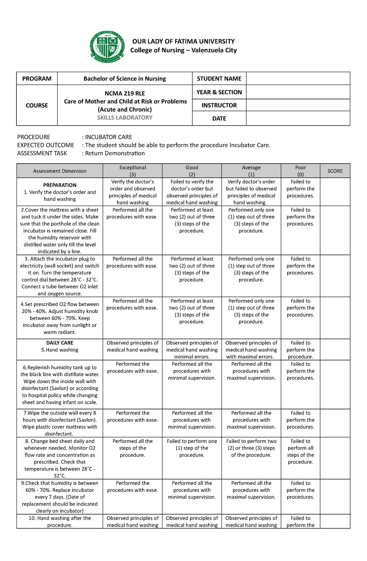 Rubrics Incubator Care OUR LADY OF FATIMA UNIVERSITY College Of   Thumb 1200 1835 