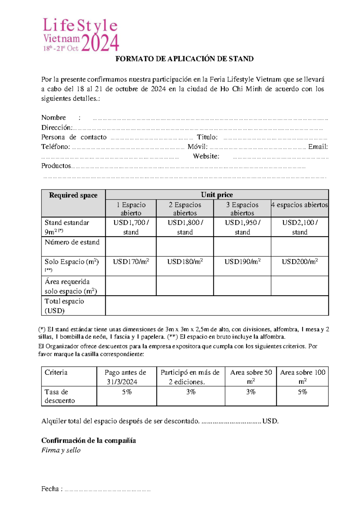 Spanish Version Booth Application FORM Lifestyle Vietnam 2024 - FORMATO ...