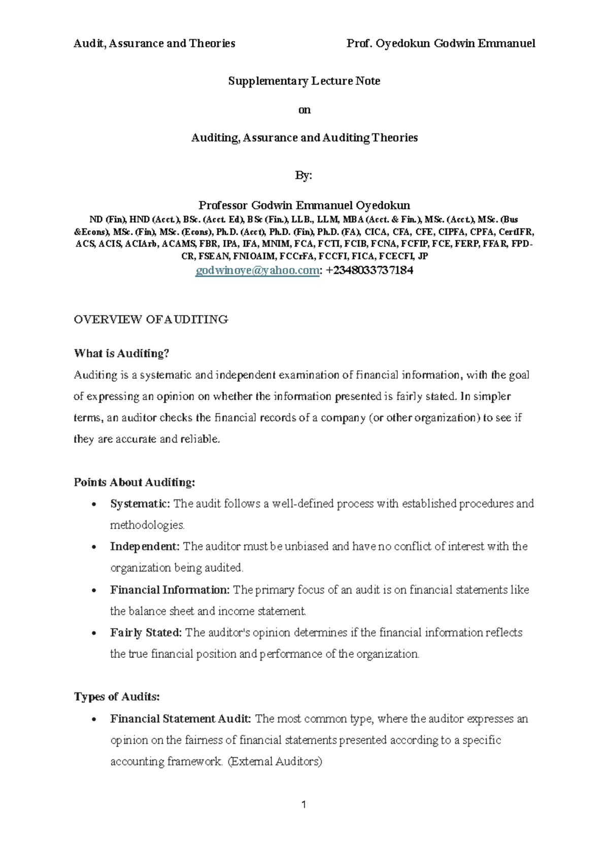 Suplimentary Note on Advanced Auditing 2024 - Supplementary Lecture ...
