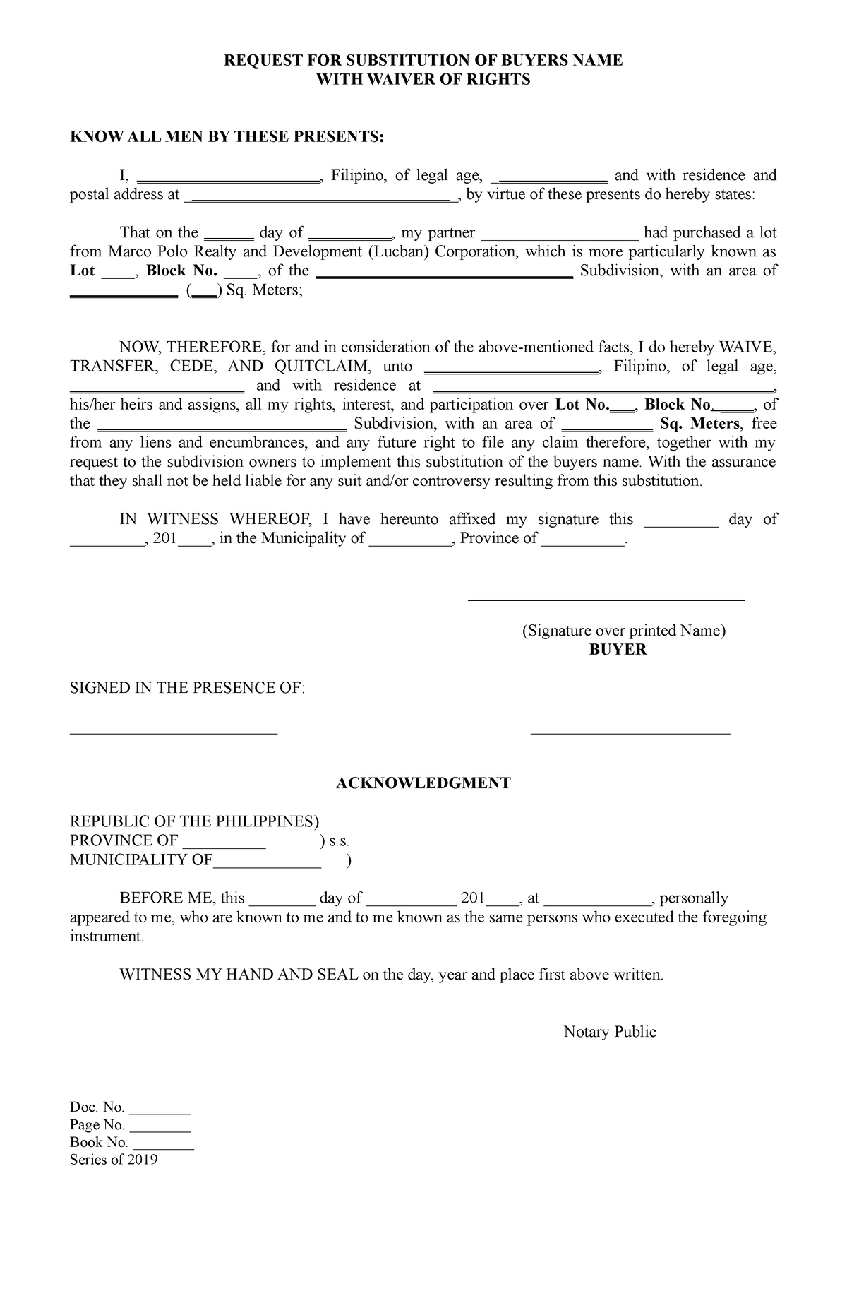 1. Waiver of Rights Form for purchase - REQUEST FOR SUBSTITUTION OF ...