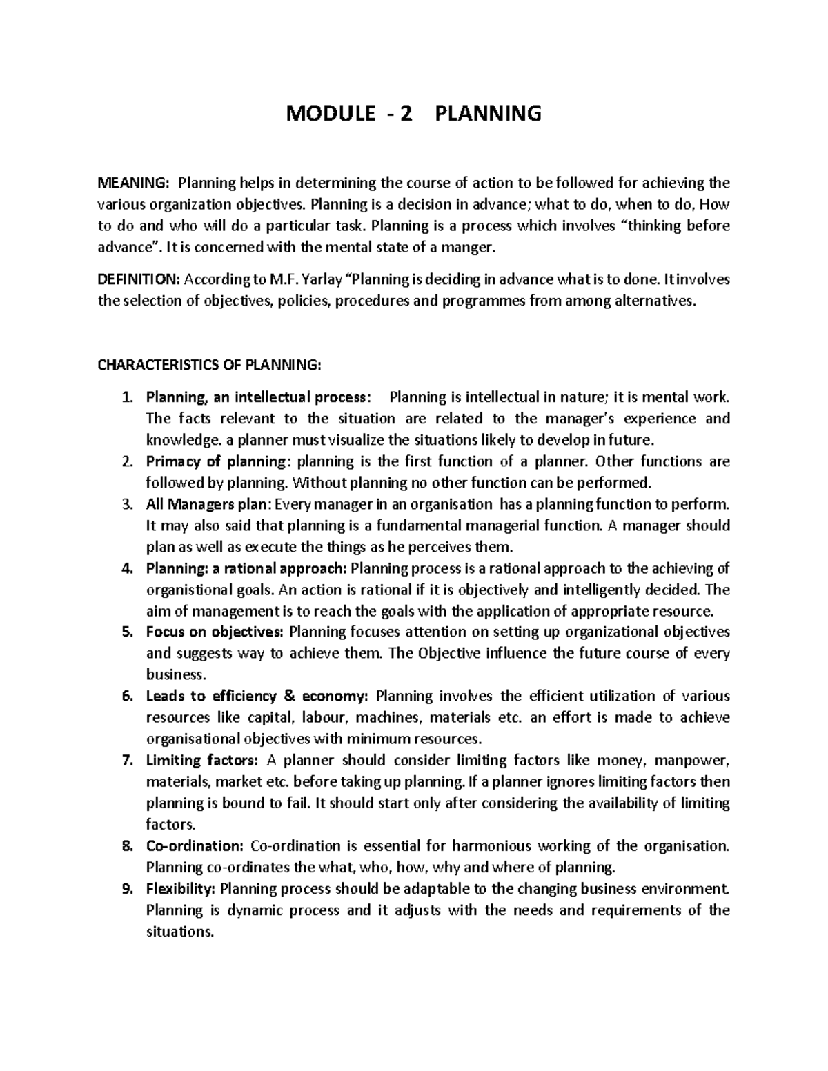 Planning 1 - Study notes - MODULE - 2 PLANNING MEANING: Planning helps ...