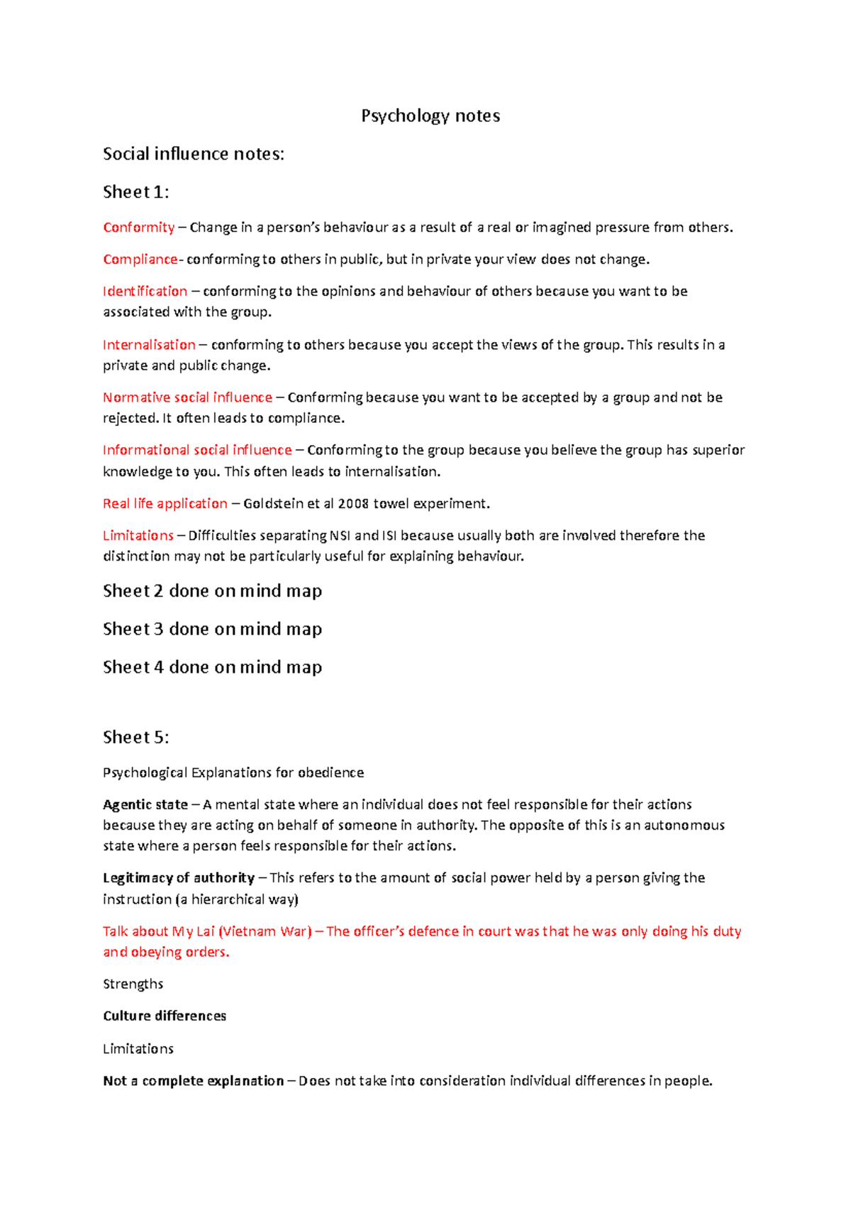 Psychology all notes - Psychology notes Social influence notes: Sheet 1 ...