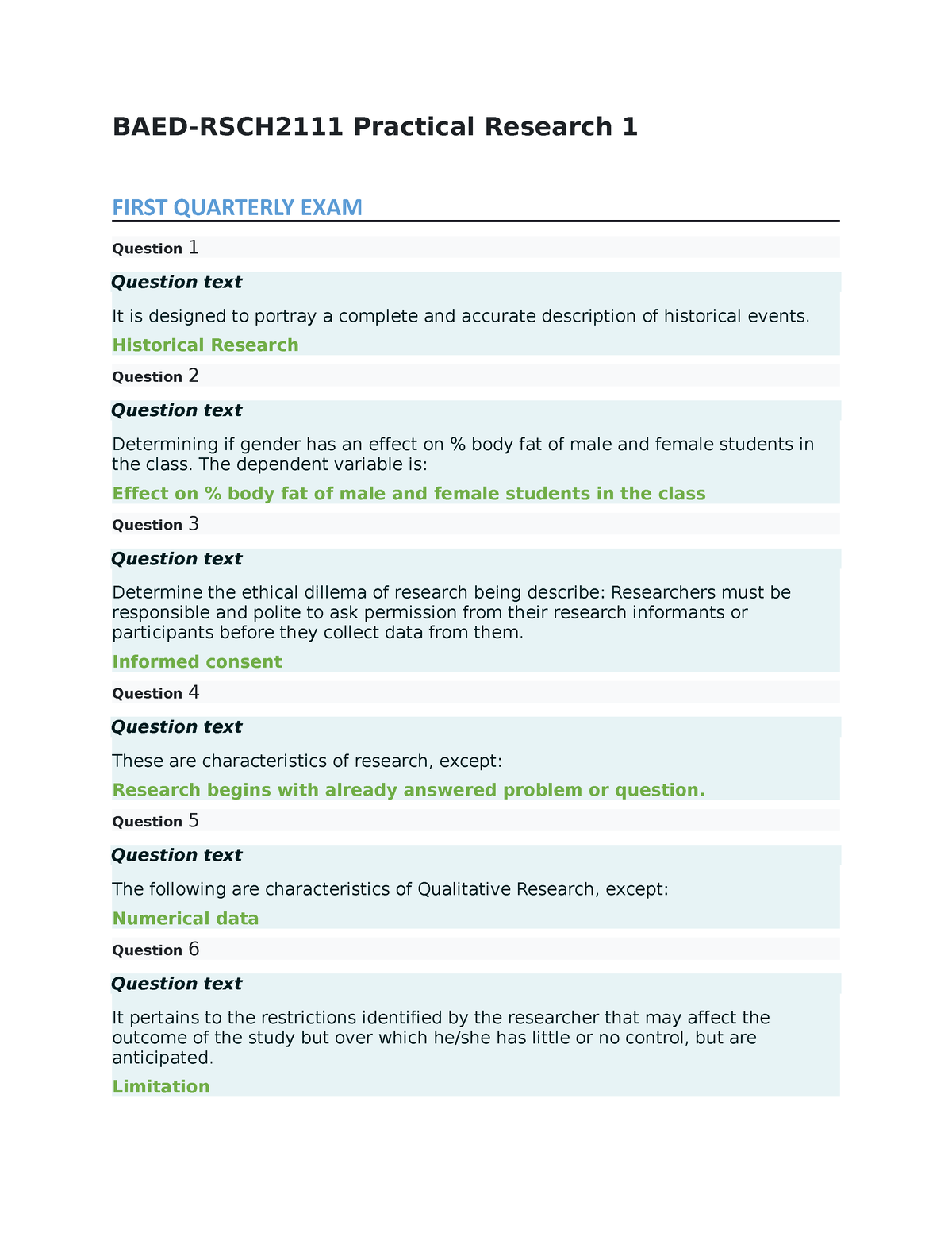 practical research 1 test questions and answers