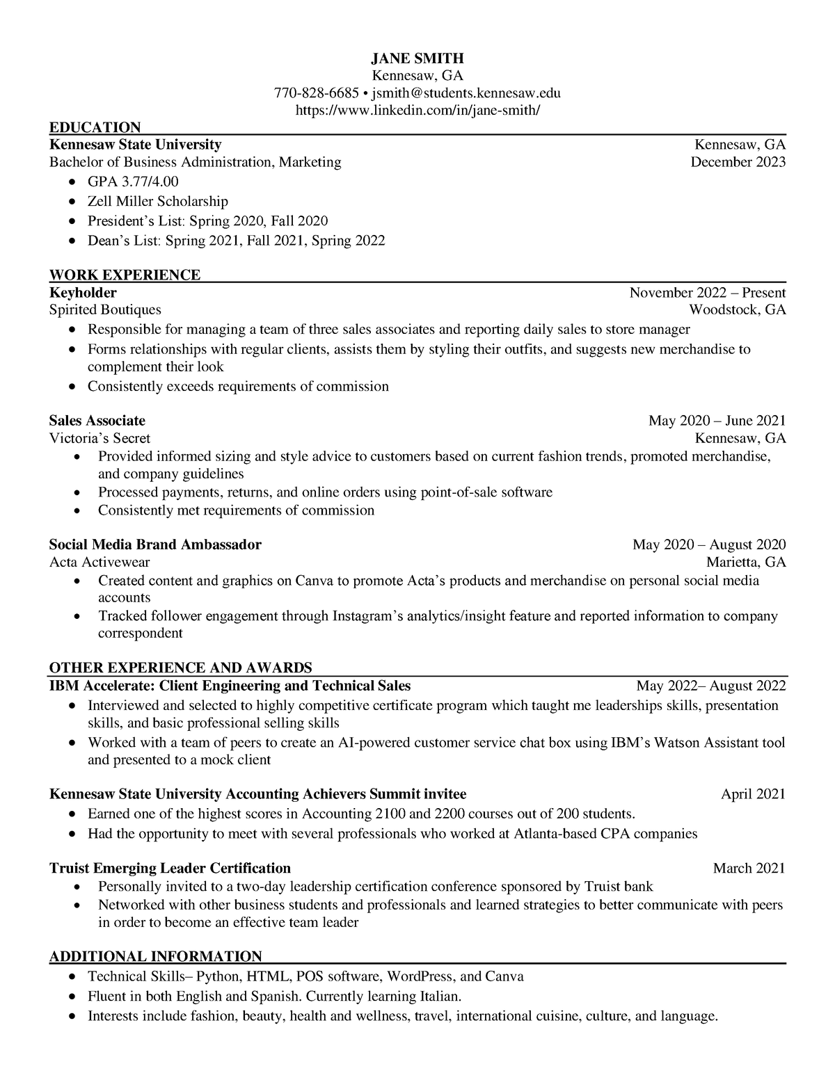 Resume Assignment Jan 2023 - JANE SMITH Kennesaw, GA 770-828-6685 ...