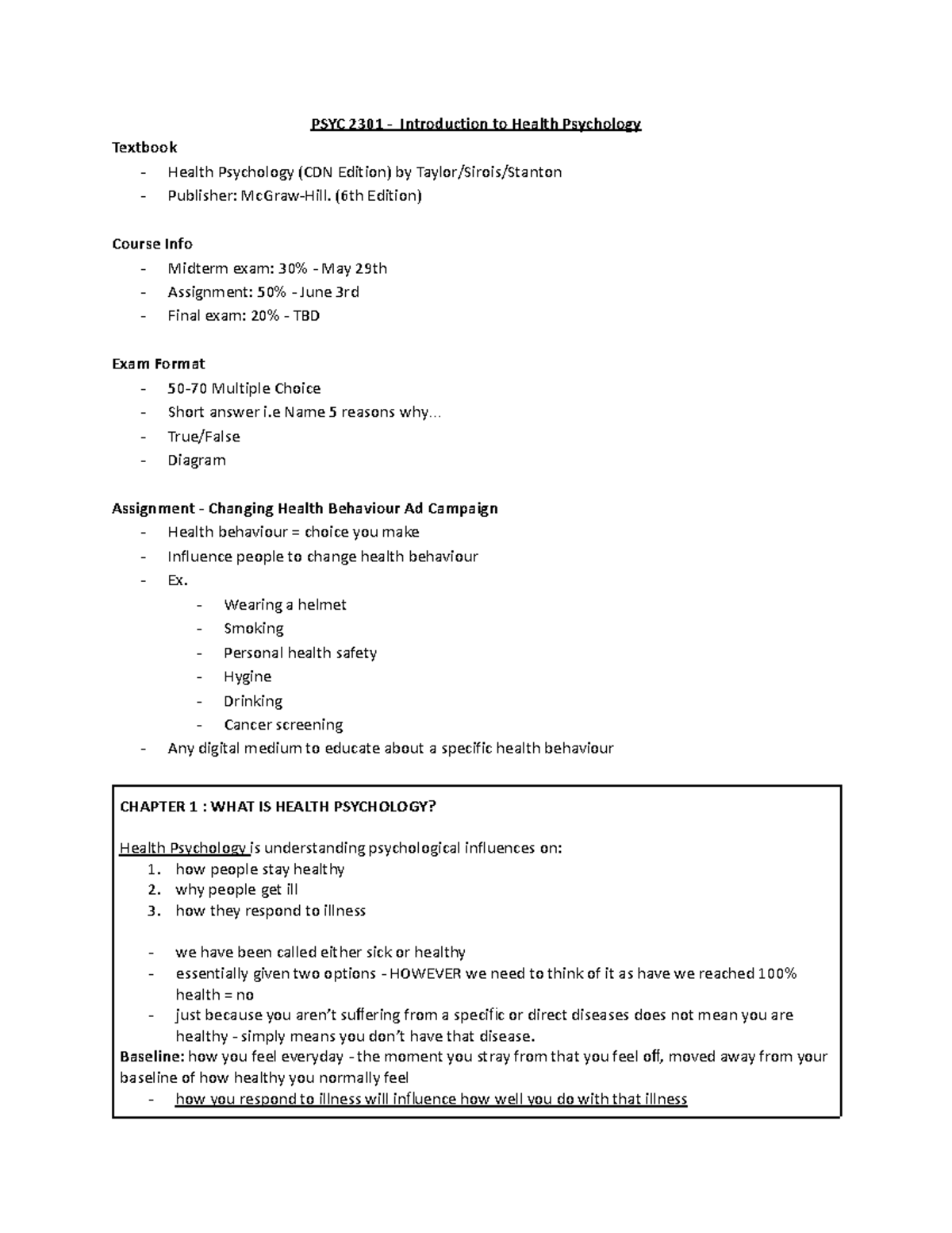 HEALTH PSYC- Notes - PSYC 2301 - Introduction to Health Psychology ...