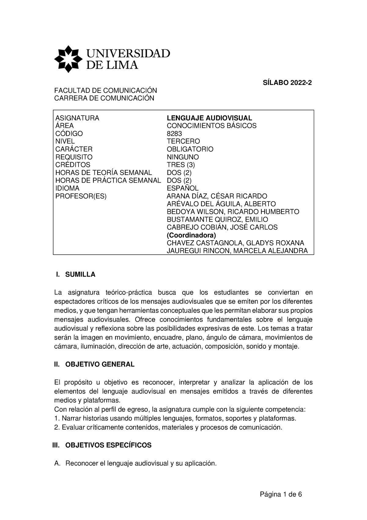 2022-2 SIL Lenguaje Audiovisual - SÍLABO 2022- FACULTAD DE COMUNICACIÓN ...