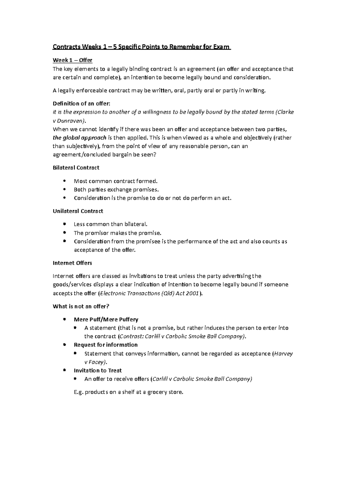 Week 1 - 5 Notes for Exam - Contracts Weeks 1 – 5 Specific Points to ...