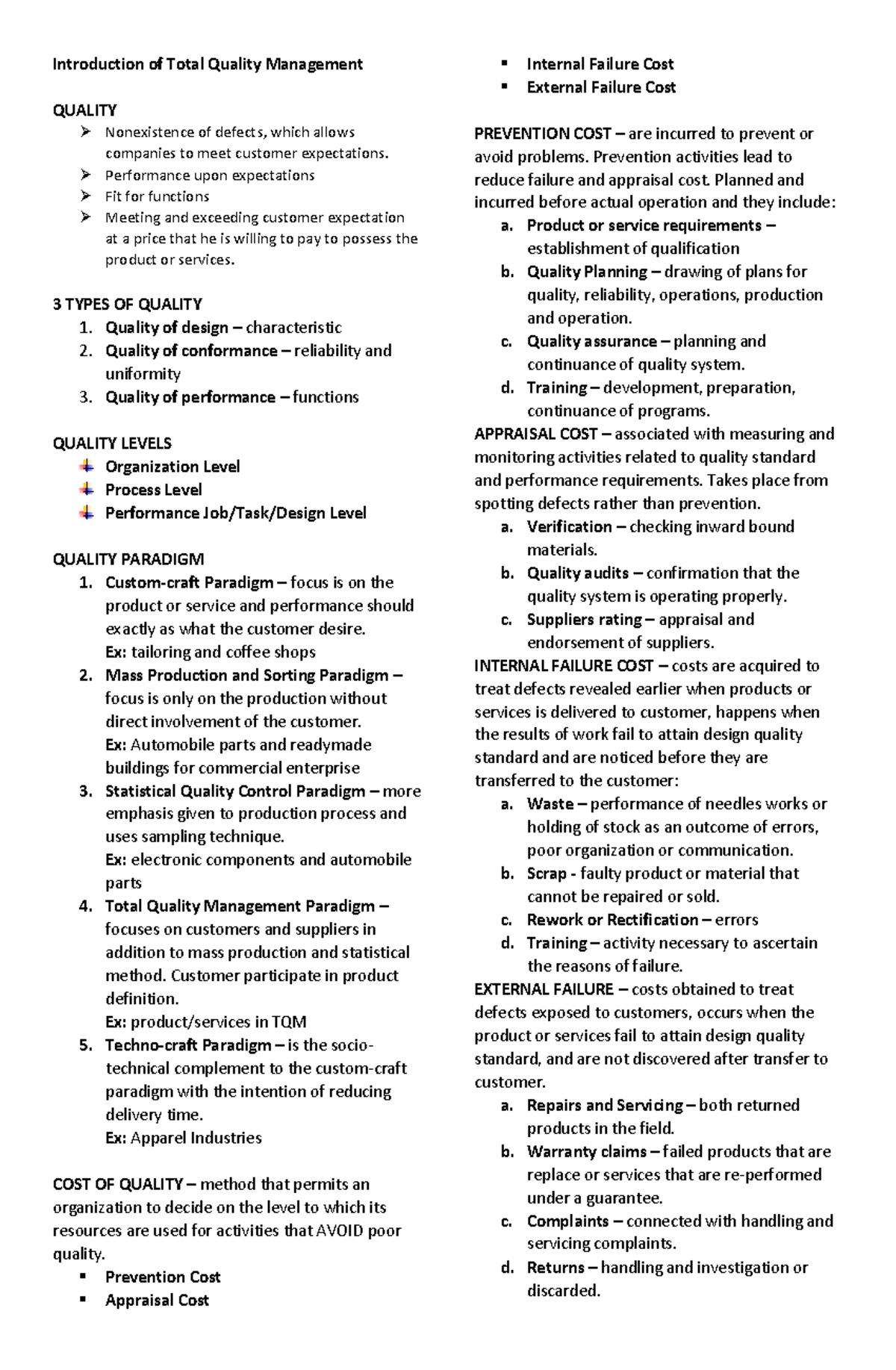 TQM-notes - Yeah - Introduction of Total Quality Management QUALITY ...