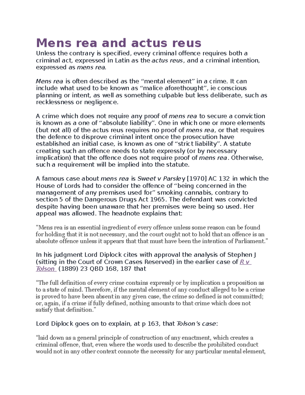 Stu - Criminal law- chapter about mens rea and actus reus - Mens rea ...