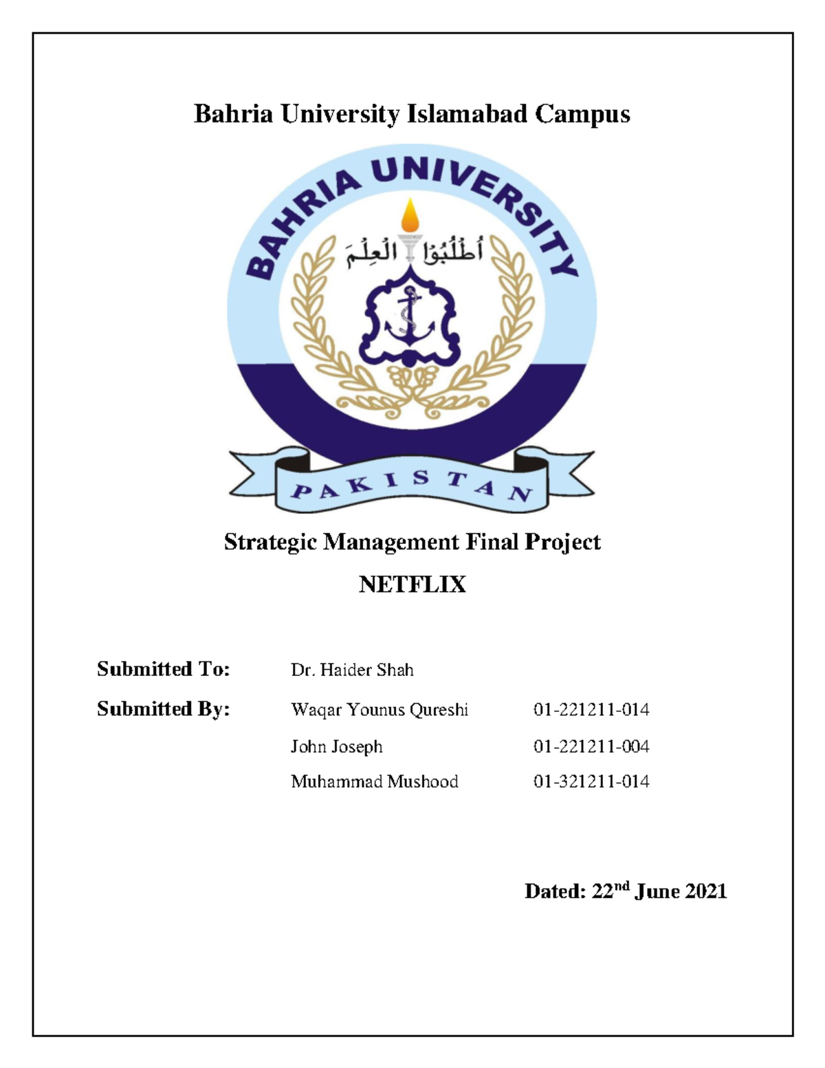 SM Final Project - Bahria University Islamabad Campus Strategic ...
