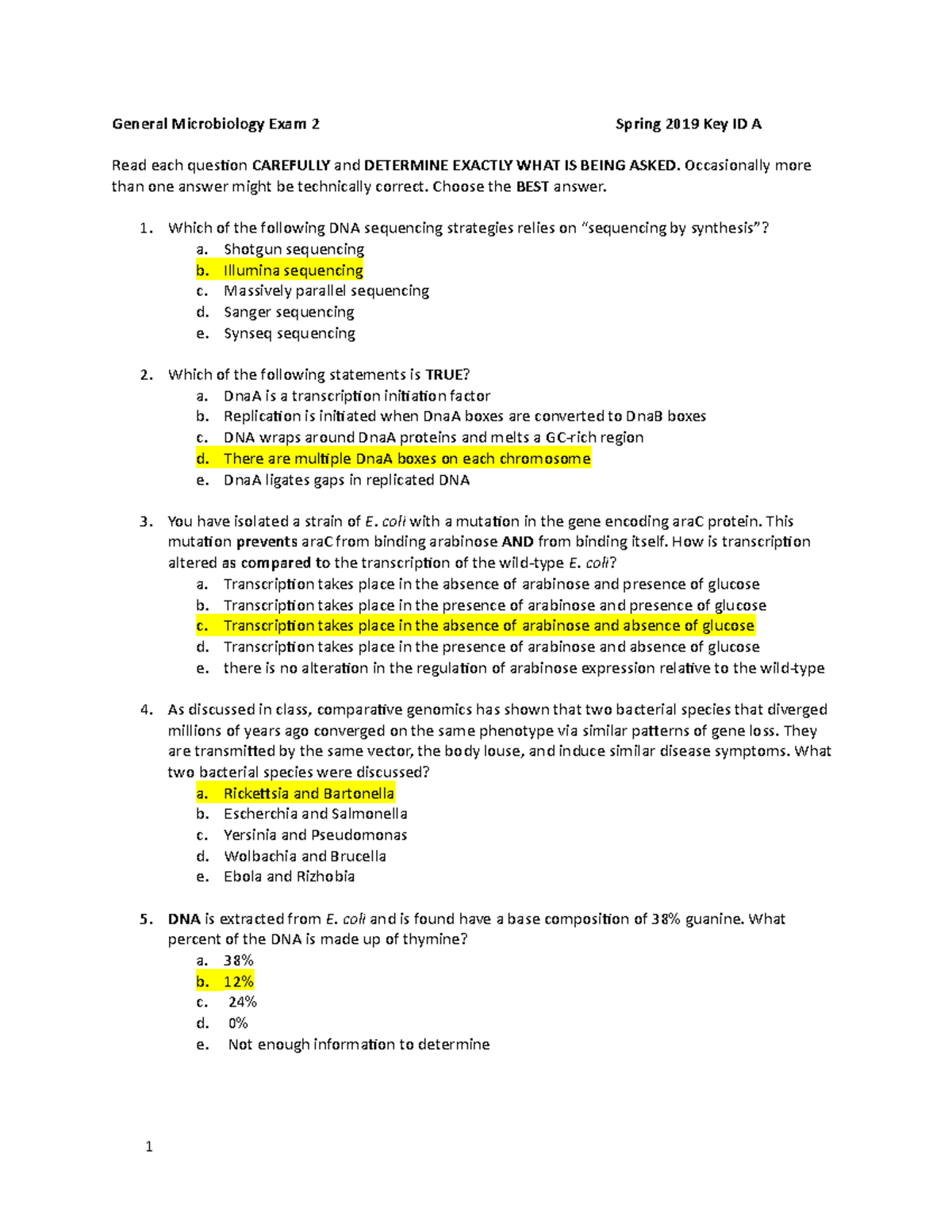 Spring 2019 Exam 2 Ver A key copy - General Microbiology Exam 2 Spring ...