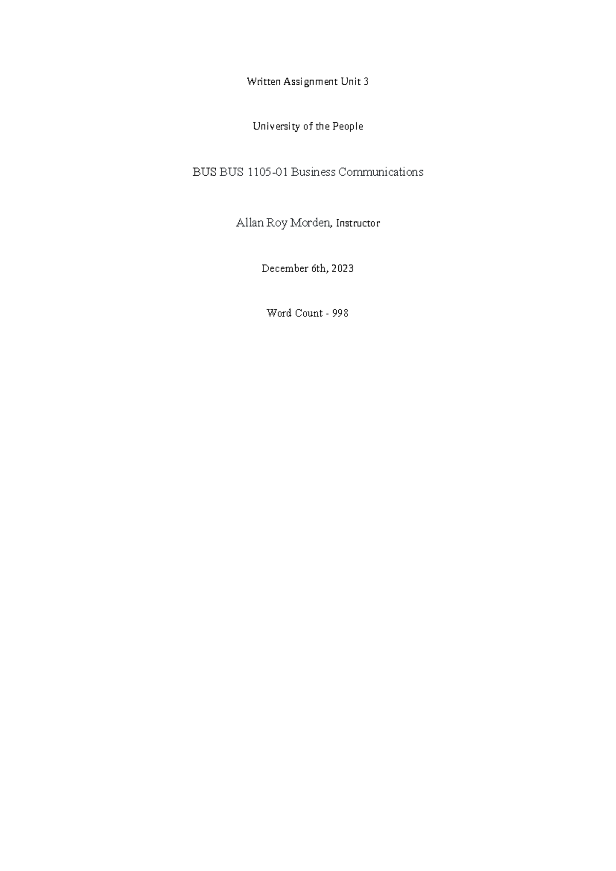 BUS1105 - Written Assignment Unit 3 - Written Assignment Unit 3 ...