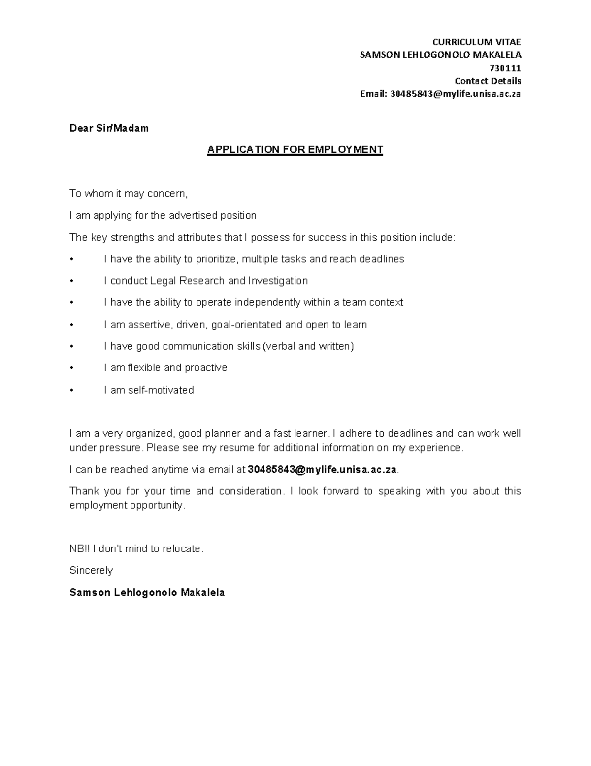 Makalela CV - SAMSON LEHLOGONOLO MAKALELA 730111 Contact Details Email ...