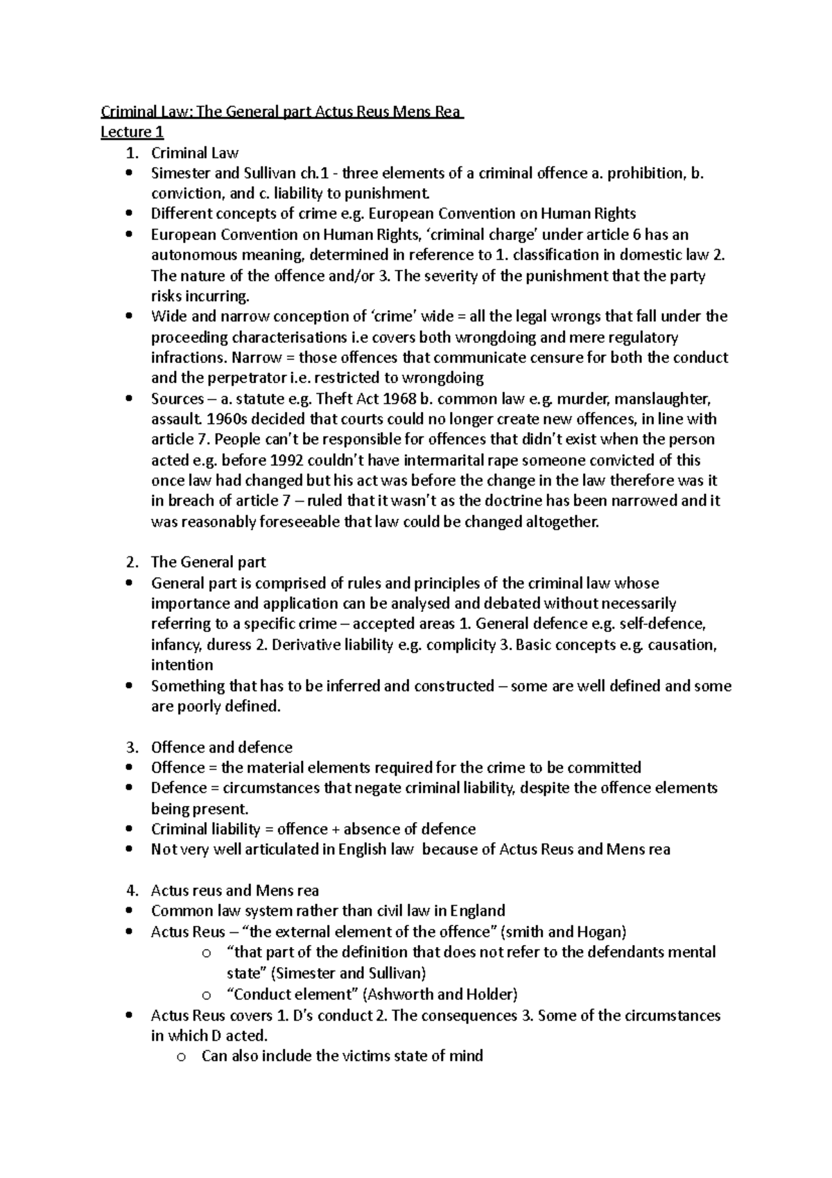 Criminal Law - Lecture 1 Mens Rea and Actus reus - Criminal Law: The ...