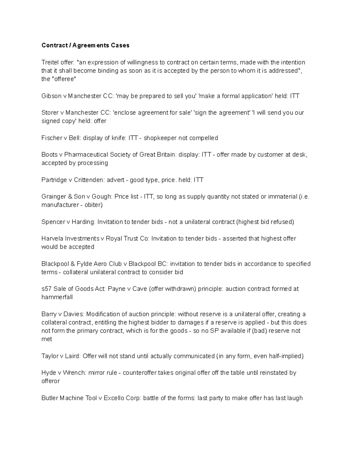 Contract Agreements Cases - Contract / Agreements Cases Treitel offer ...