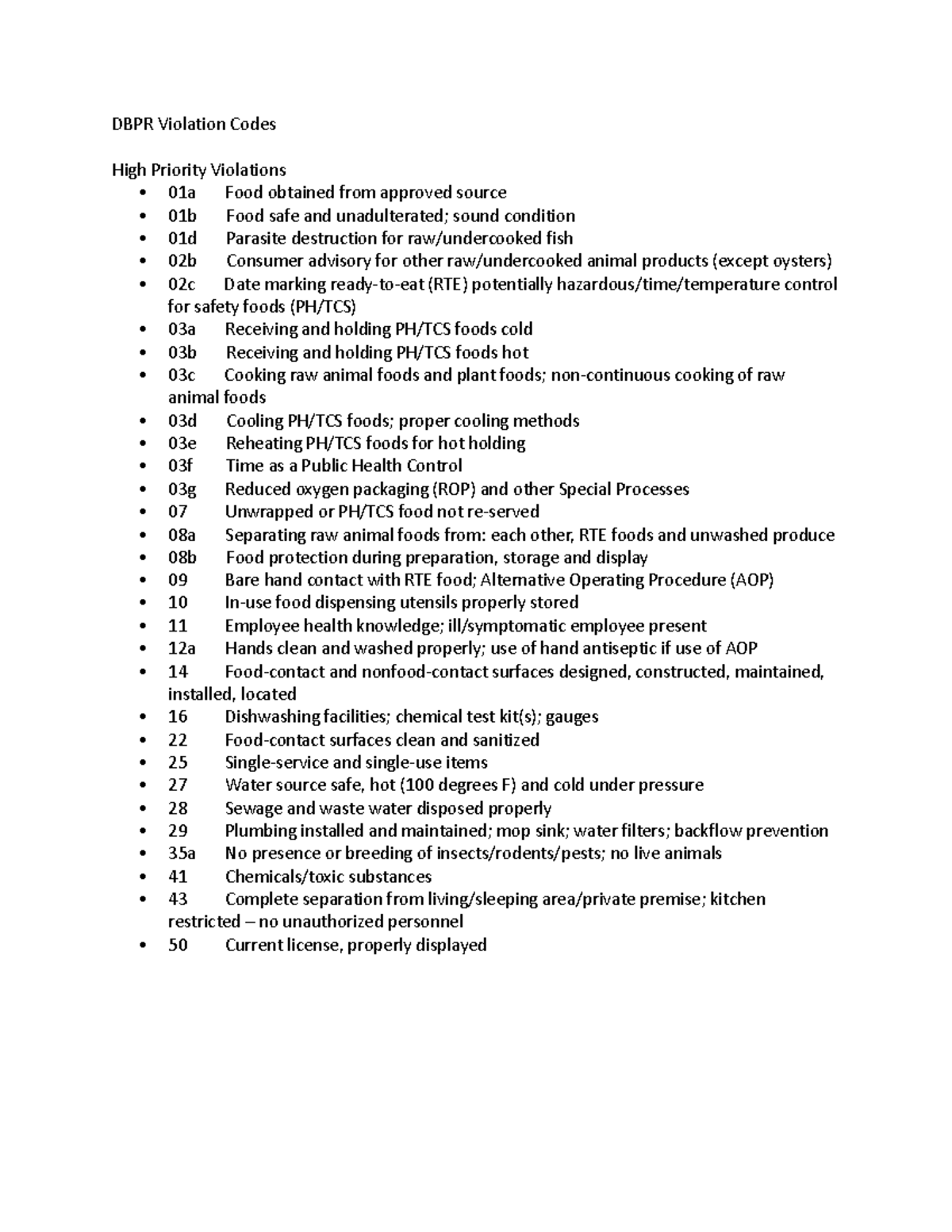 DBPR Violation Codes - DBPR Violation Codes High Priority Violations ...
