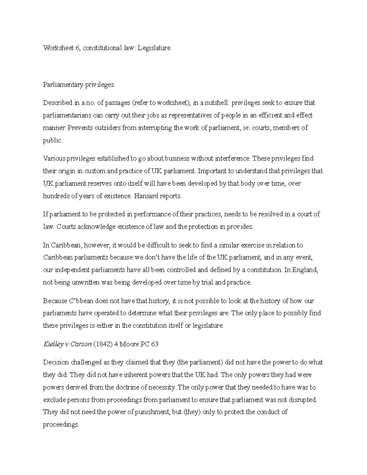 Legislature, Parliamentary Privileges Notes - Worksheet 6 ...