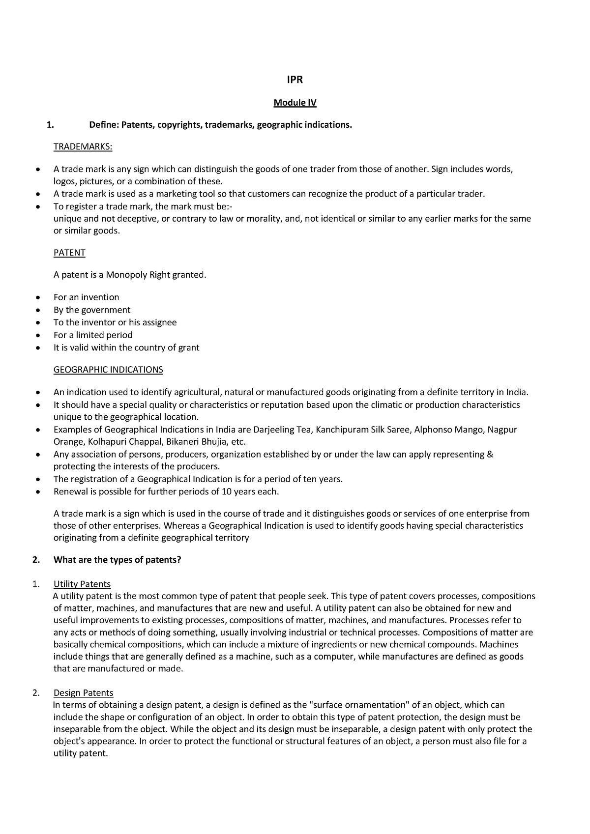 Module-4 - IPR Module IV Define: Patents, copyrights, trademarks ...