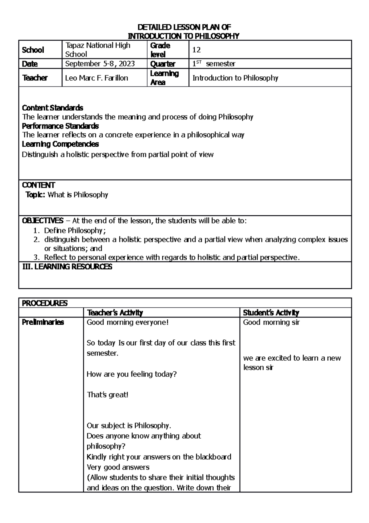 Phil 1 - DLP - DETAILED LESSON PLAN OF INTRODUCTION TO PHILOSOPHY ...